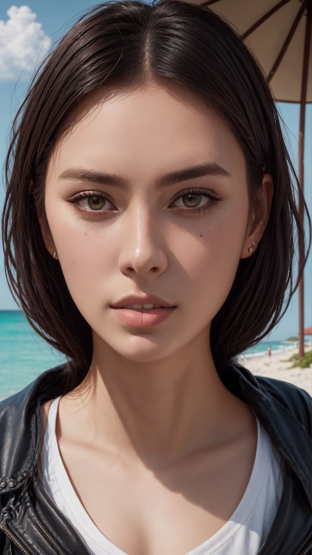 Waist high Portrait of an exotic beautiful caucasian woman wearing trendy clothing at a beach,  perfect detailed face,  de...