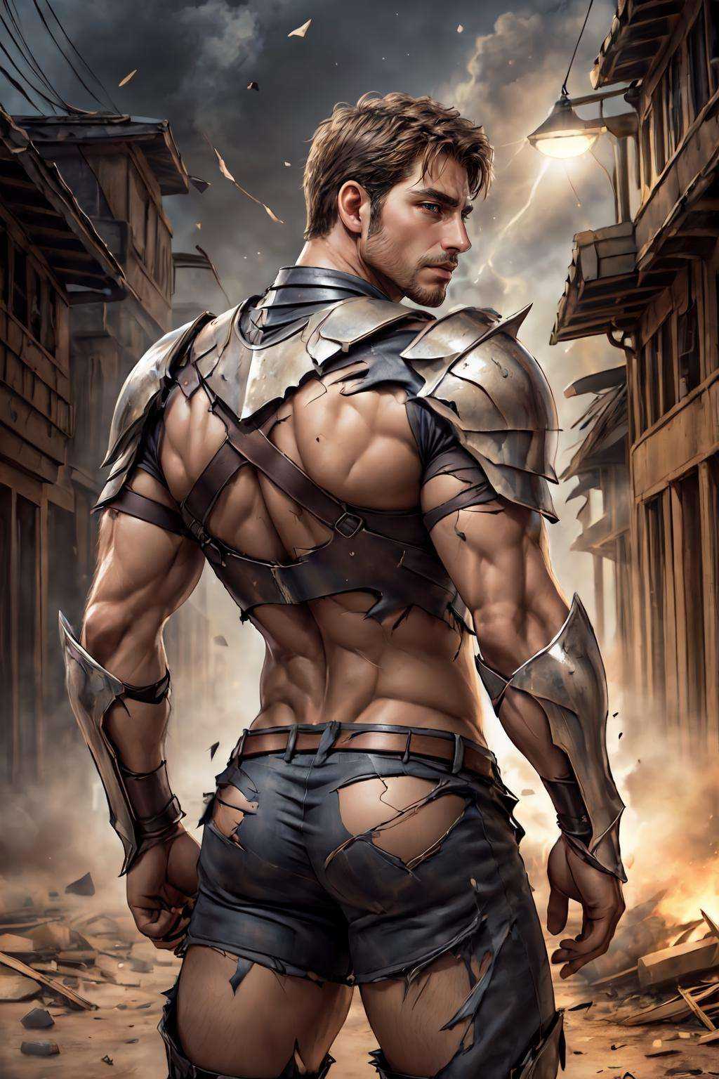<lora:Clothing - Armor Break:.5>,  ((4RMORBRE4K, TORN CLOTHES, BROKEN ARMOR, DEBRIS)),  (homoerotic), masterpiece, highly detailed face and skin, hyperrealistic, male only, bara, mature, stubble, muscular male, handsome, male focus, spot lights, volumetric lighting, dramatic lighting, bokeh,  (close-up shot), ((cinematic lighting, realistic, detailed background, clear texture, best background, depth of field,light particles,(Balance and coordination between all things),real light and shadow, perspective, composition, adventurous, energy, exploration, contrast, experimental, unique <lora:style_adddetail:.7><lora:style_breakrealize:1>,from back, working, (detailed background, cinematic, detailed, atmospheric, epic, concept art, masterpiece, best quality, 8k, ultrarealsitc), realistic,