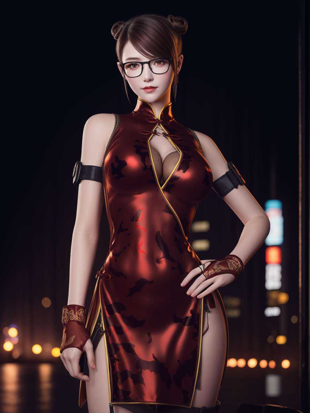 CFlanQF, 1girl, glasses, solo, china dress,single hair bun, brown hair, breasts,gloves,cleavage cutout,side slit, cityscape, night,looking at viewer, mature female, hand on hip,  <lora:CFlanQFii:0.75>