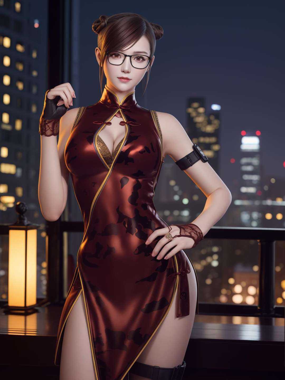 CFlanQF, 1girl, glasses, solo, china dress,single hair bun, brown hair, breasts,gloves,cleavage cutout,side slit, cityscape, night,looking at viewer, mature female, hand on hip,  <lora:CFlanQFii:0.75>