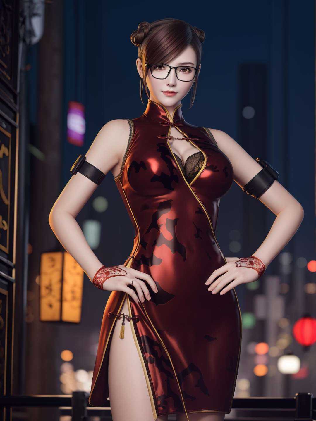 CFlanQF, 1girl, glasses, solo, china dress,single hair bun, brown hair, breasts,gloves,cleavage cutout,side slit, cityscape, night,looking at viewer, mature female, hand on hip,  <lora:CFlanQFii:0.75>