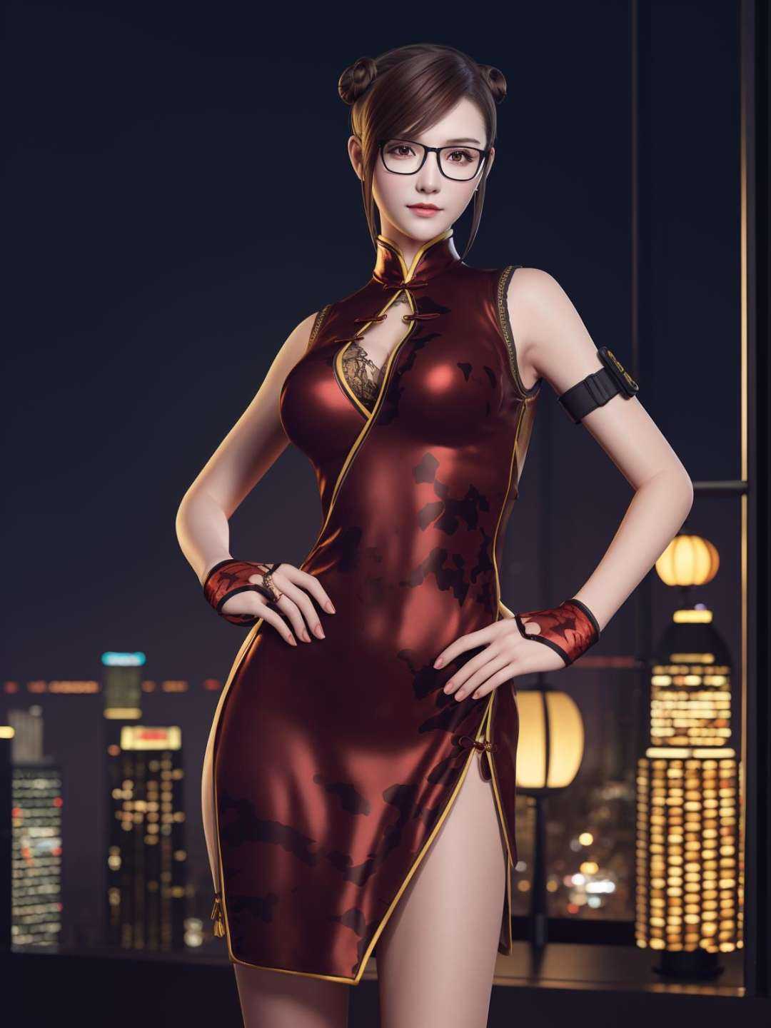 CFlanQF, 1girl, glasses, solo, china dress,single hair bun, brown hair, breasts,gloves,cleavage cutout,side slit, cityscape, night,looking at viewer, mature female, hand on hip,  <lora:CFlanQFii:0.75>