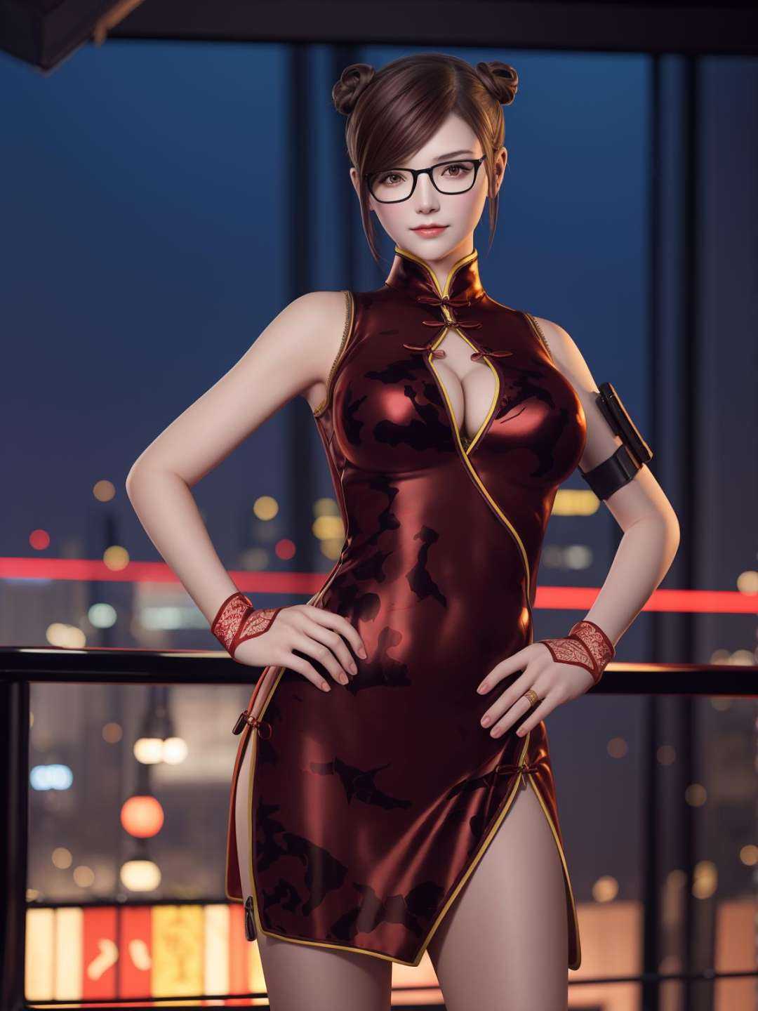 CFlanQF, 1girl, glasses, solo, china dress,single hair bun, brown hair, breasts,gloves,cleavage cutout,side slit, cityscape, night,looking at viewer, mature female, hand on hip,  <lora:CFlanQFii:0.75>