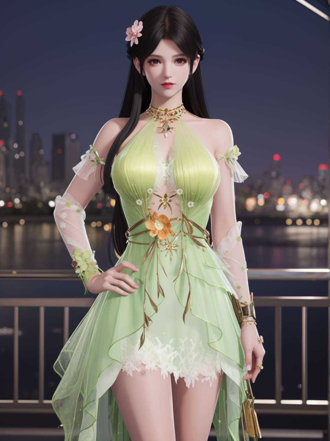 YJWJyingzipingMZ, 1girl, solo, flower,hair flower, long hair, green dress, black hair, bare shoulders,jewelry, <lora:YJWJyingzipingMZii:0.75>,looking at viewer, cityscape, night,mature female, cowboy shot, hand on hip, 