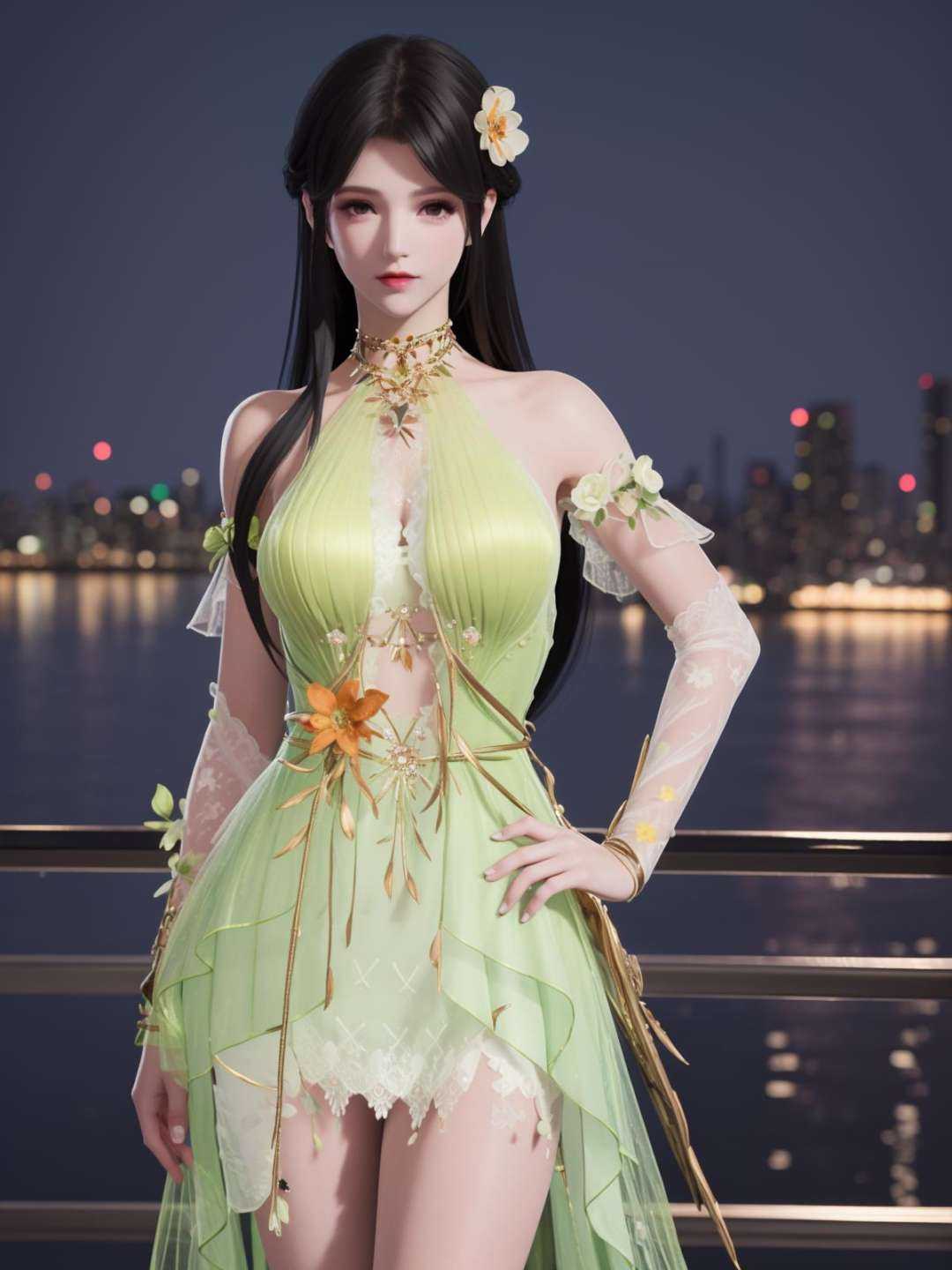 YJWJyingzipingMZ, 1girl, solo, flower,hair flower, long hair, green dress, black hair, bare shoulders,jewelry, <lora:YJWJyingzipingMZii:0.75>,looking at viewer, cityscape, night,mature female, cowboy shot, hand on hip, 