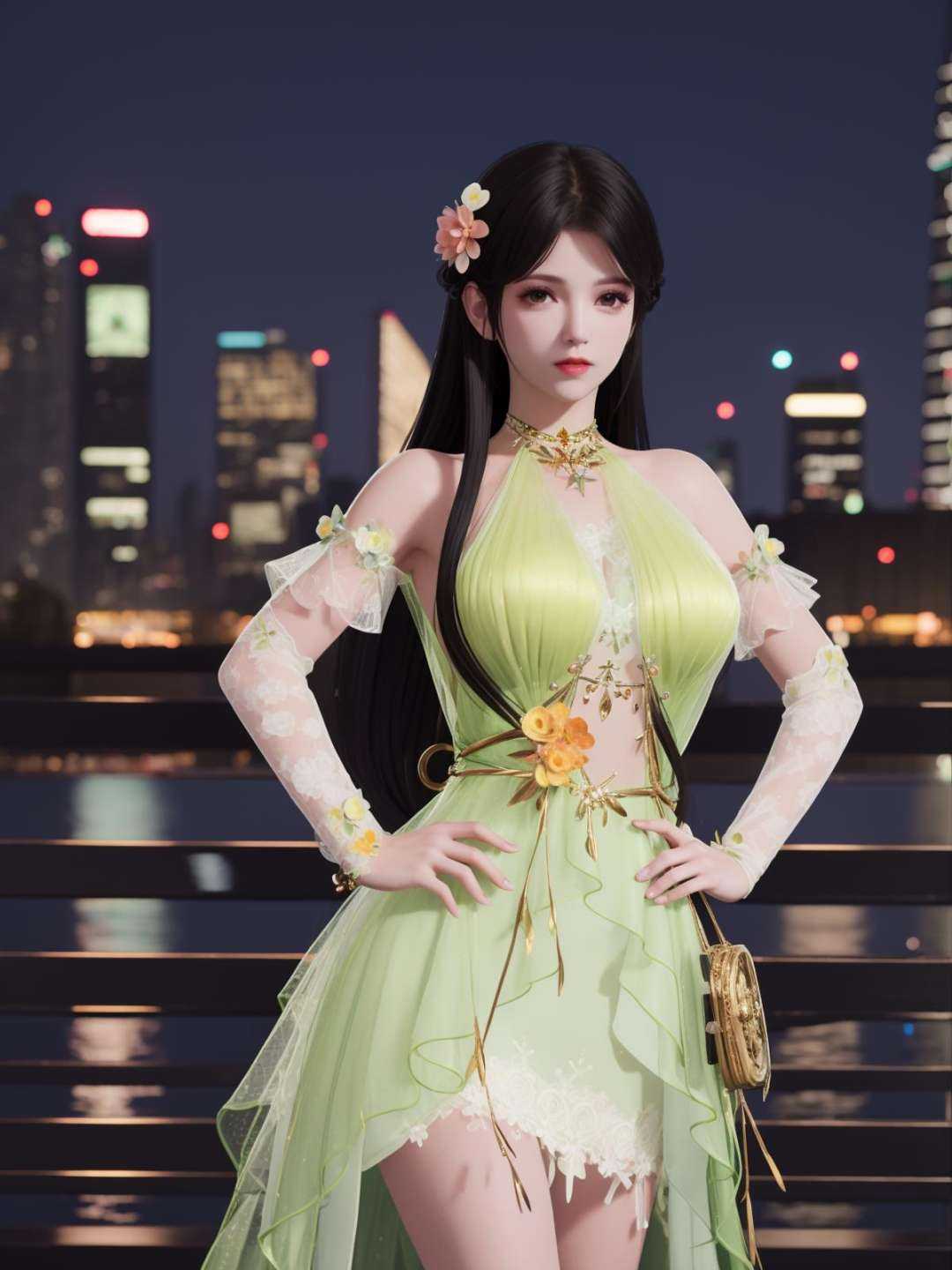YJWJyingzipingMZ, 1girl, solo, flower,hair flower, long hair, green dress, black hair, bare shoulders,jewelry, <lora:YJWJyingzipingMZii:0.75>,looking at viewer, cityscape, night,mature female, cowboy shot, hand on hip, 