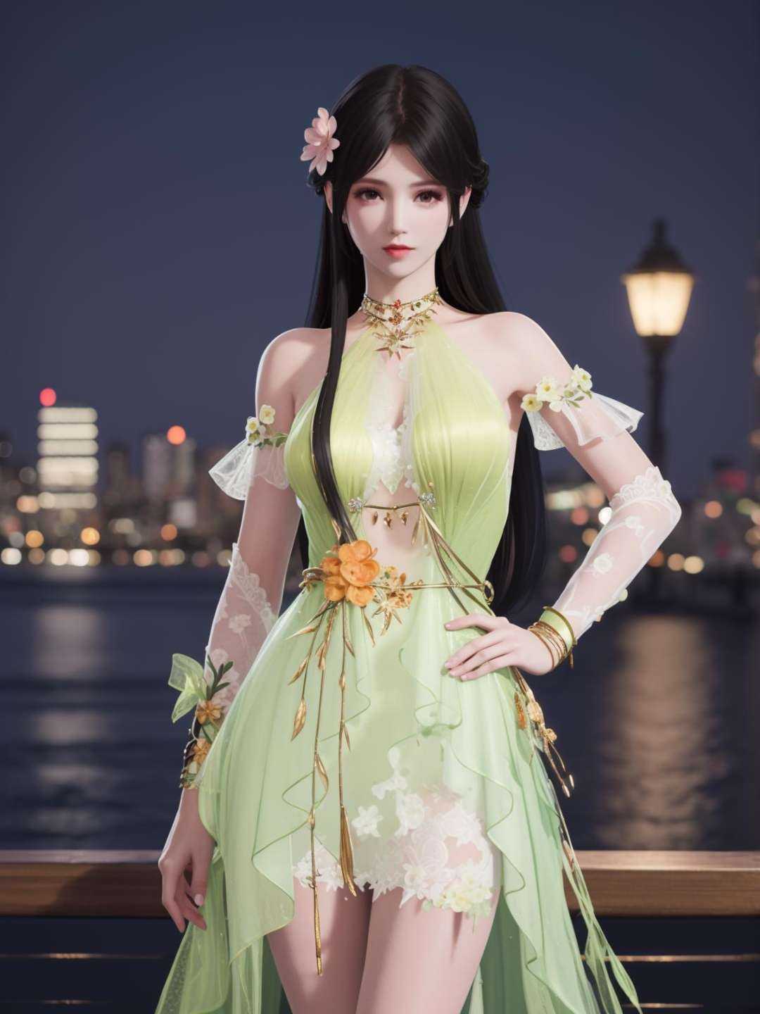 YJWJyingzipingMZ, 1girl, solo, flower,hair flower, long hair, green dress, black hair, bare shoulders,jewelry, <lora:YJWJyingzipingMZii:0.75>,looking at viewer, cityscape, night,mature female, cowboy shot, hand on hip, 