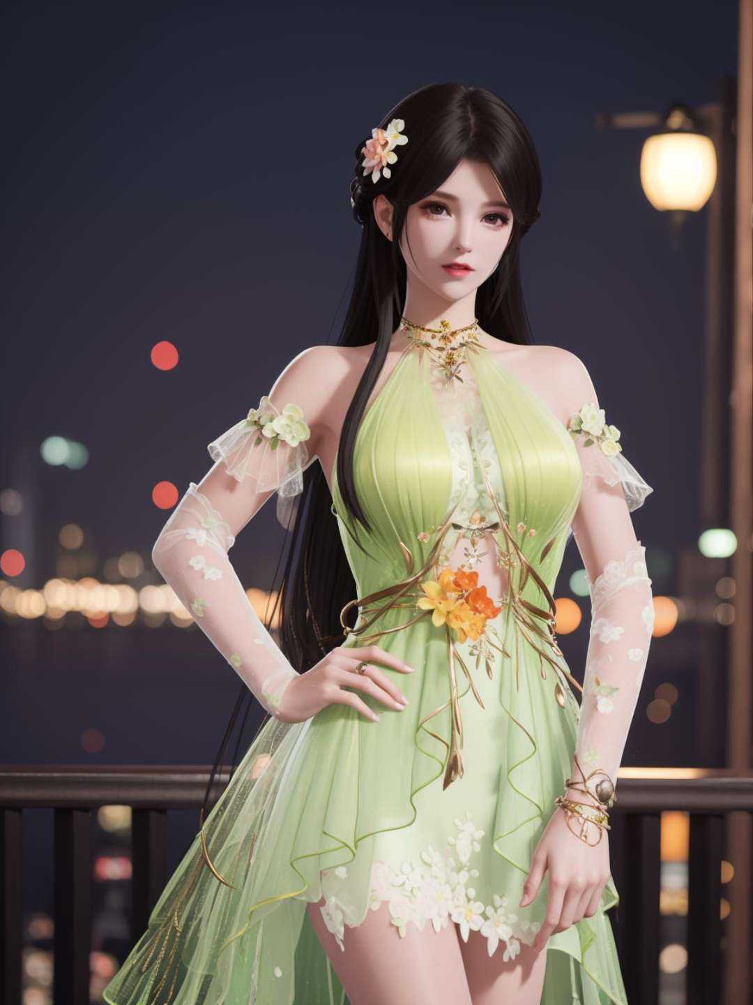 YJWJyingzipingMZ, 1girl, solo, flower,hair flower, long hair, green dress, black hair, bare shoulders,jewelry, <lora:YJWJyingzipingMZii:0.75>,looking at viewer, cityscape, night,mature female, cowboy shot, hand on hip, 