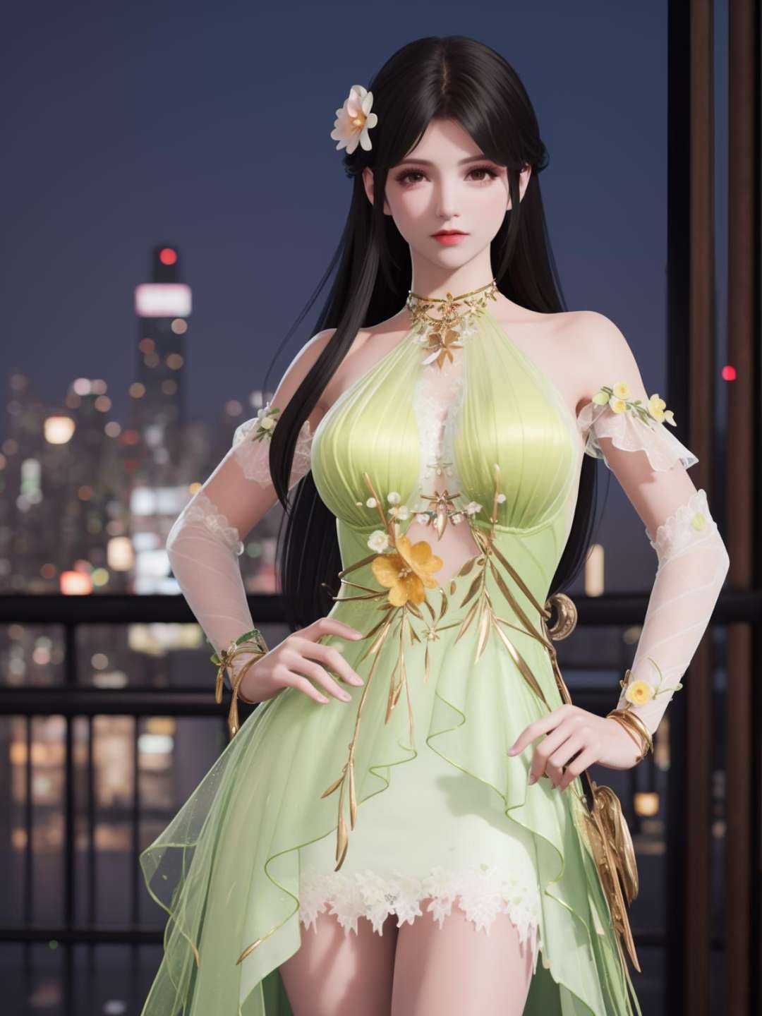 YJWJyingzipingMZ, 1girl, solo, flower,hair flower, long hair, green dress, black hair, bare shoulders,jewelry, <lora:YJWJyingzipingMZii:0.75>,looking at viewer, cityscape, night,mature female, cowboy shot, hand on hip, 