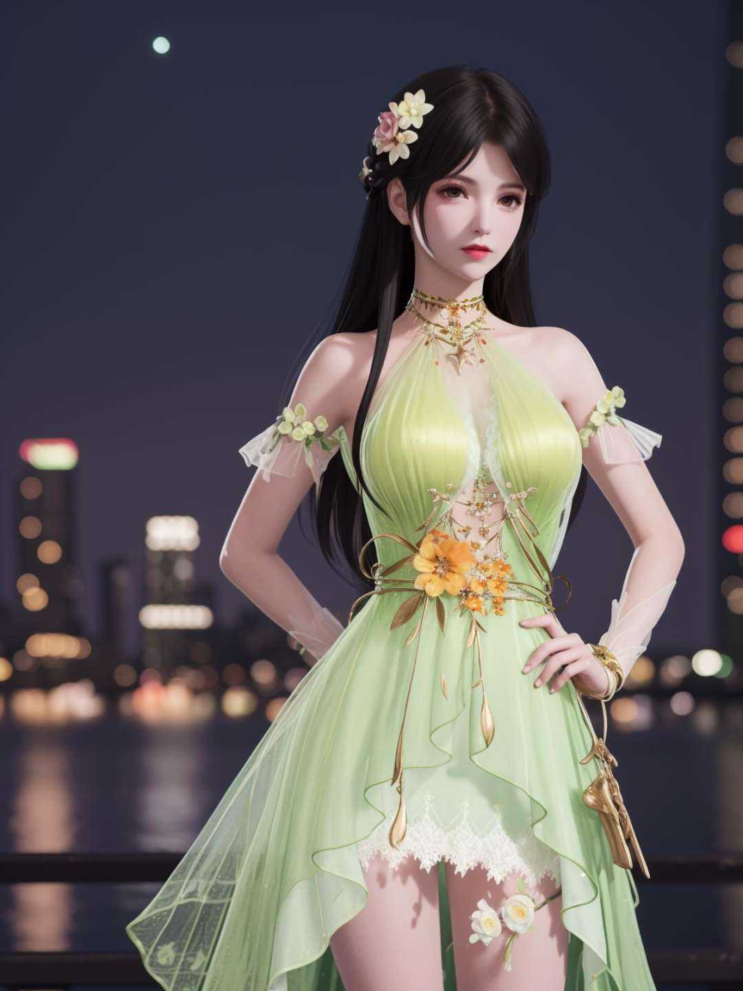 YJWJyingzipingMZ, 1girl, solo, flower,hair flower, long hair, green dress, black hair, bare shoulders,jewelry, <lora:YJWJyingzipingMZii:0.75>,looking at viewer, cityscape, night,mature female, cowboy shot, hand on hip, 