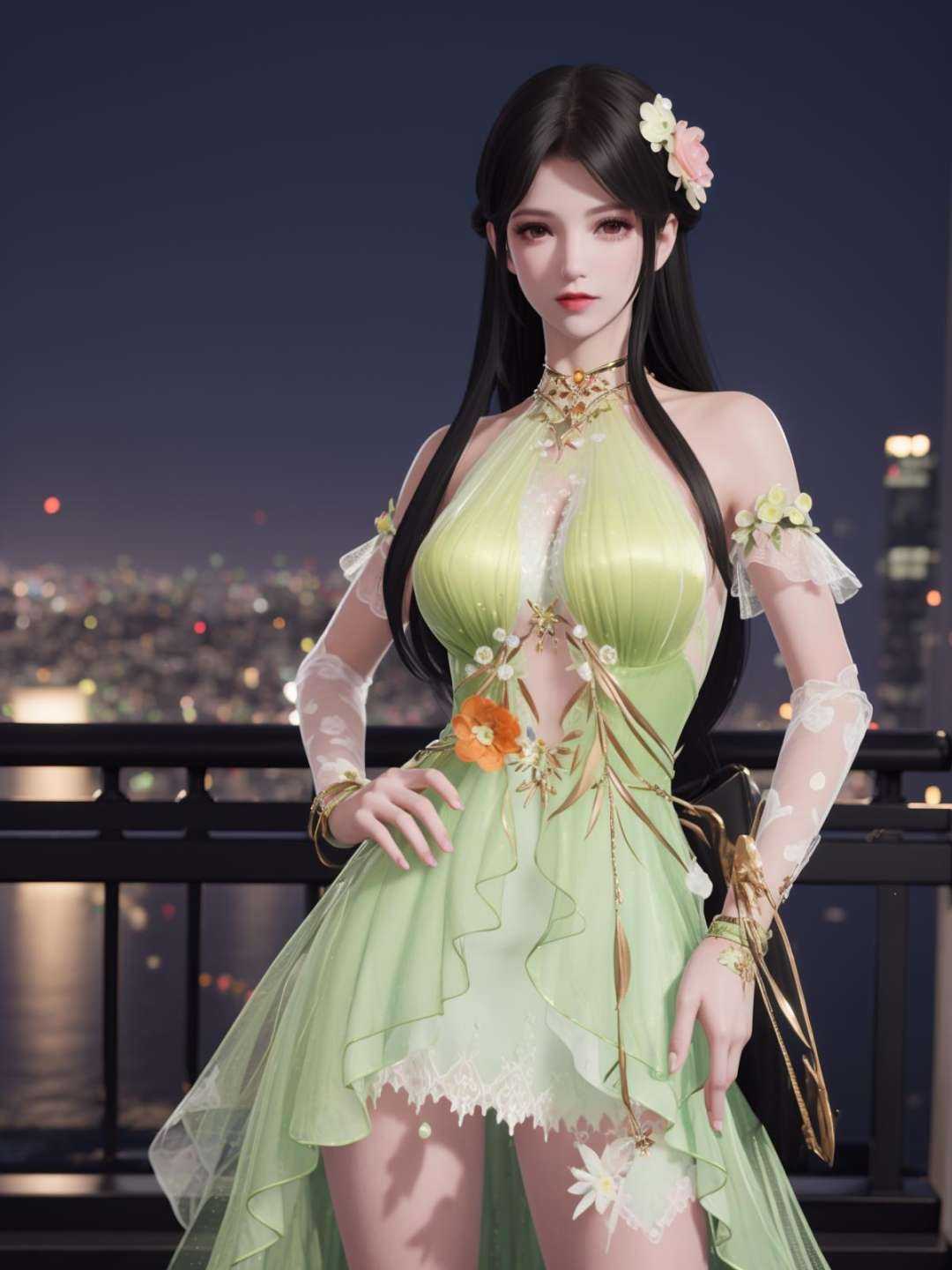 YJWJyingzipingMZ, 1girl, solo, flower,hair flower, long hair, green dress, black hair, bare shoulders,jewelry, <lora:YJWJyingzipingMZii:0.75>,looking at viewer, cityscape, night,mature female, cowboy shot, hand on hip, 