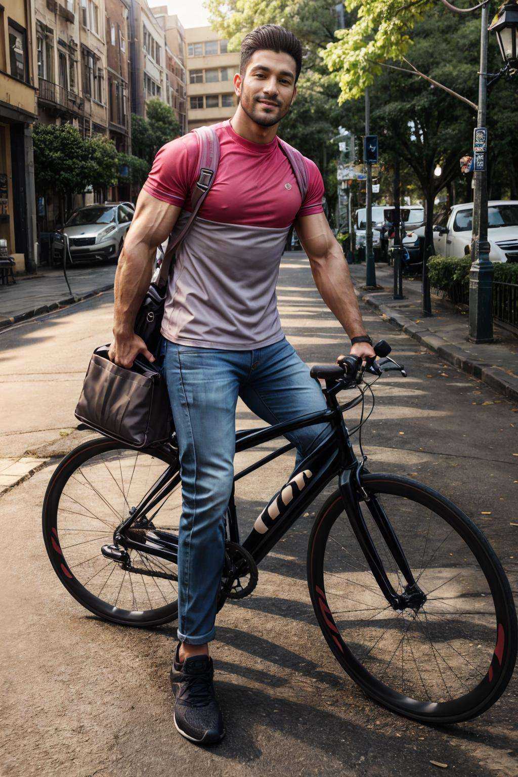 realistic, masterpiece, best quality, natural lighting, soft shadow, insane detail, detailed background, professional photography, depth of field, intricate, detailed face, subsurface scattering, realistic hair, realistic eyes, muscular, masculine, photo of a handsome man, outdoors, urban, street, panda-outfit, shirt, jeans, happy, looking at viewer, shoes, dynamic pose, bicycle, bag,