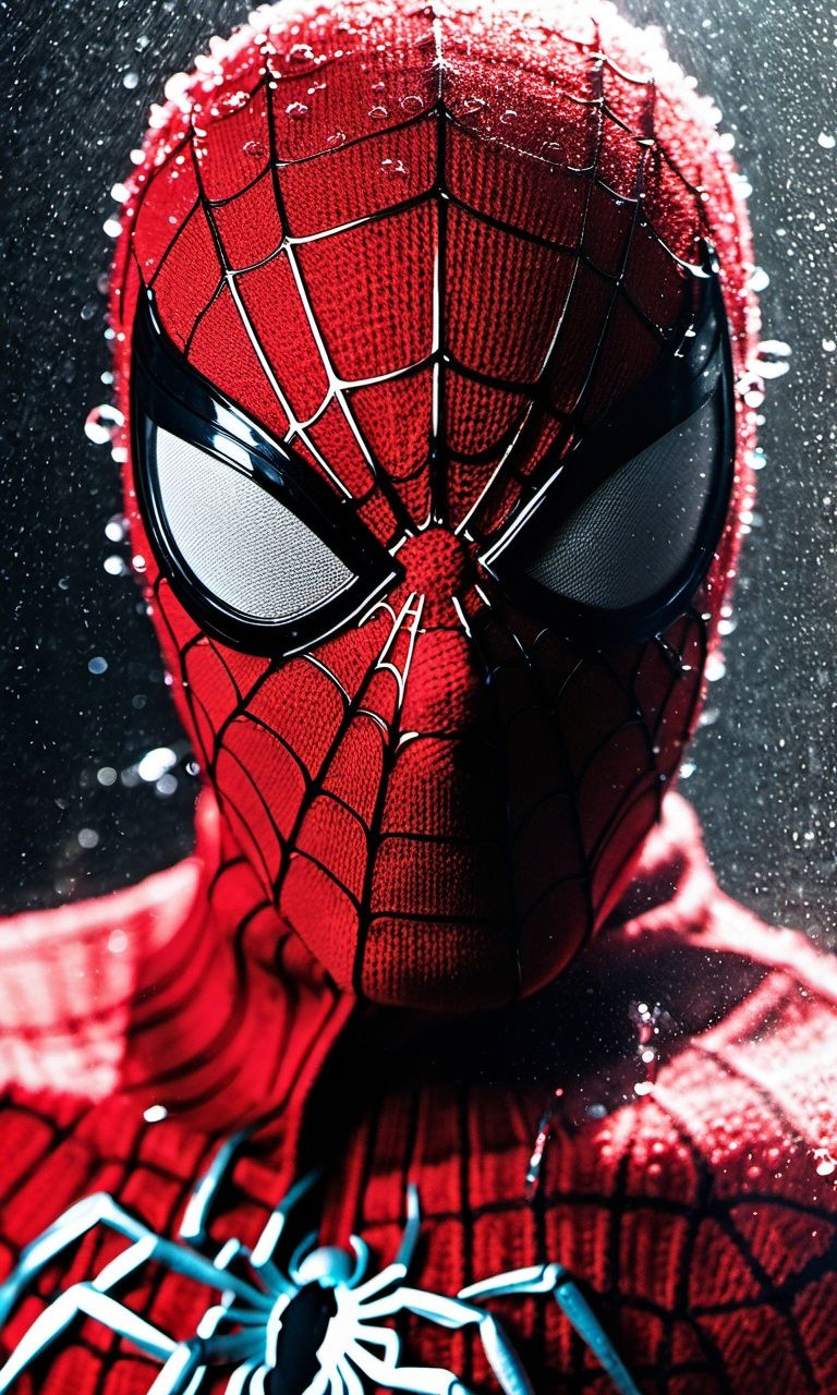 xxmix,  Night dramatic atmosphere,  close look of spider-man in in tight red engraved filigree leatherdog sweater suit fal...