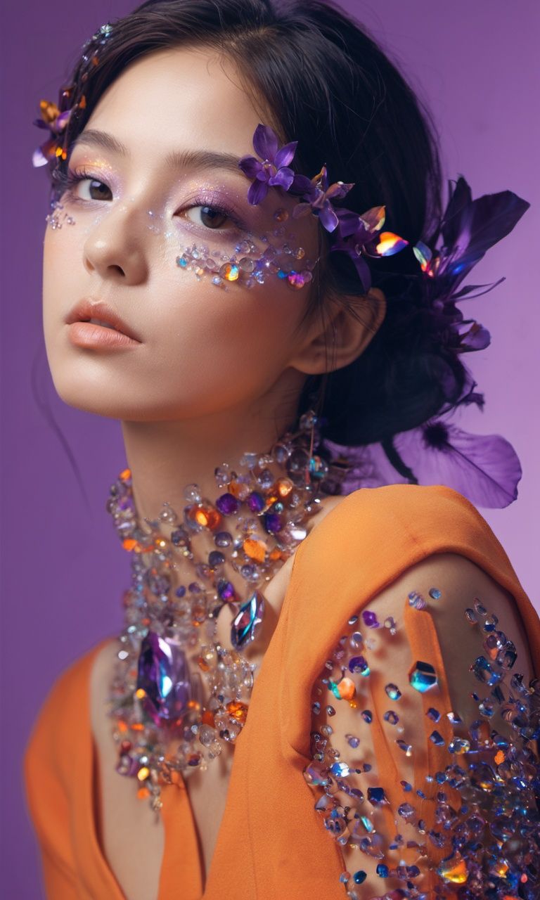 xxmixgirl,  1 woman,  crystals rays of lights refraction surreal orange and purple Alberto Seveso (masterpiece on Tensor.Art