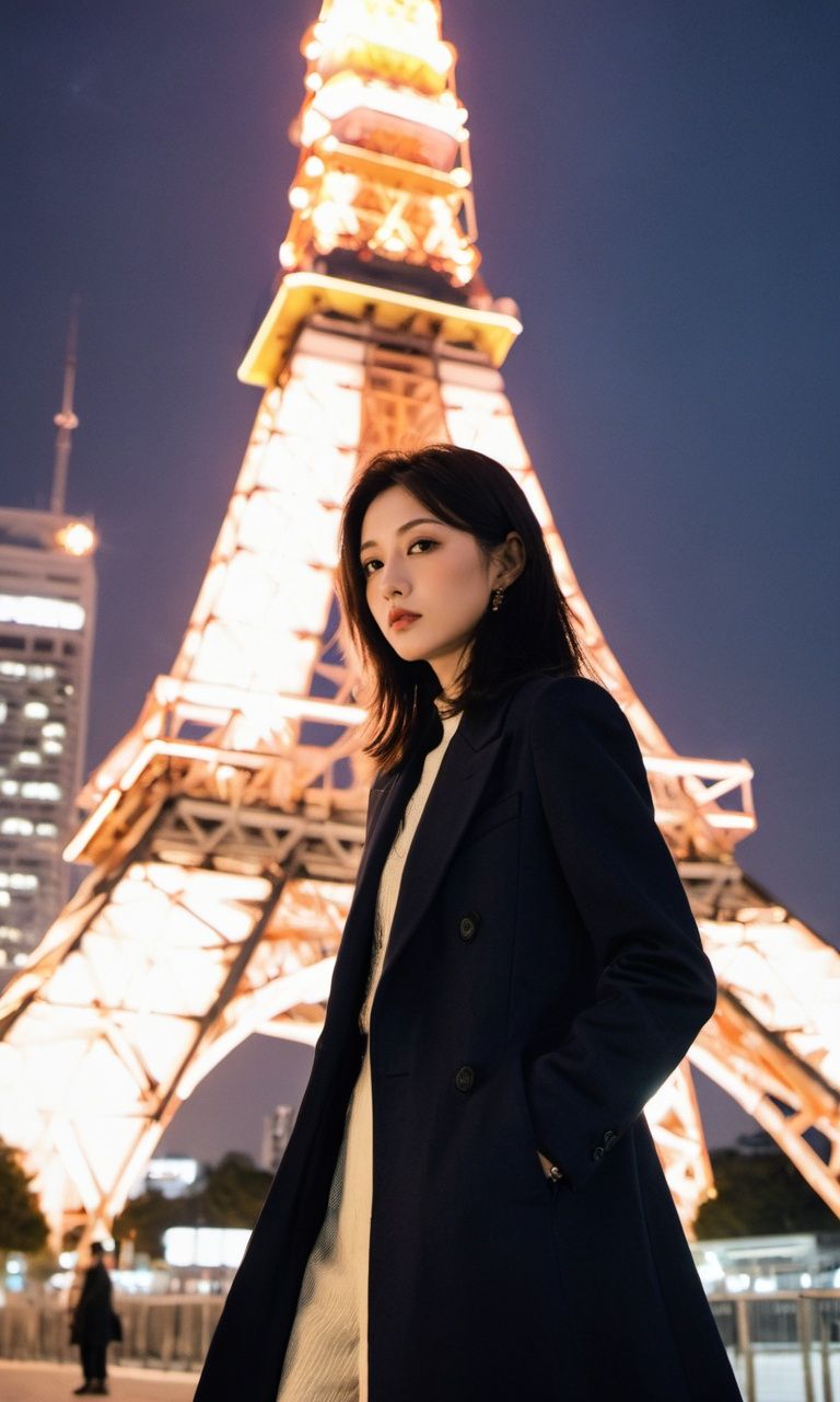 xxmix,  1 beautiful woman,  long coat tokyo tower on Tensor.Art