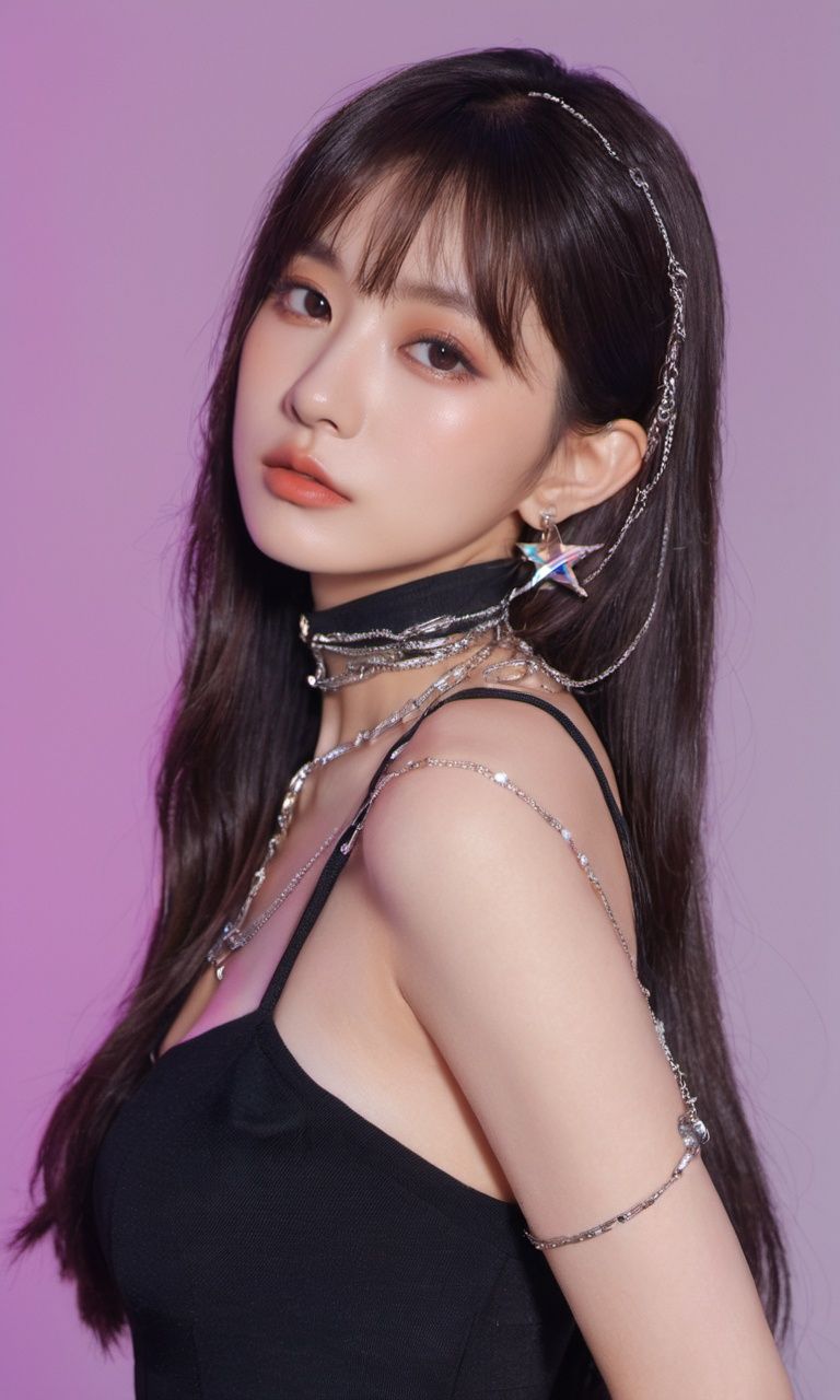 xxmixgirl,woman in a black dress posing for a picture, “uwu the prismatic person, kpop style colors, shot at night with studio lights, neck chains, inspired by Wang Yuanqi, brown hair with bangs, 1:1 album artwork, streaming on twitch, plastic doll, lisa, lolita, glamorous angewoman digimon