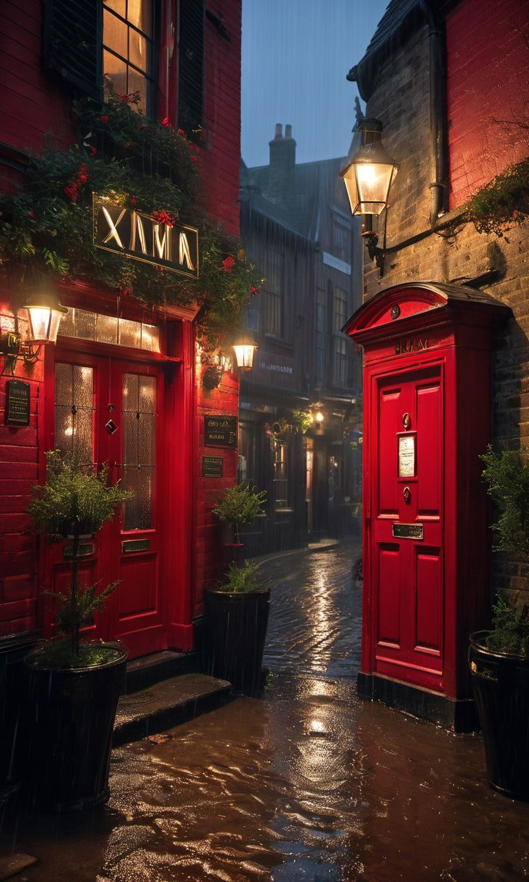xxmix,  a red door is in the middle of a rainy street,  cgsociety 9 on Tensor.Art