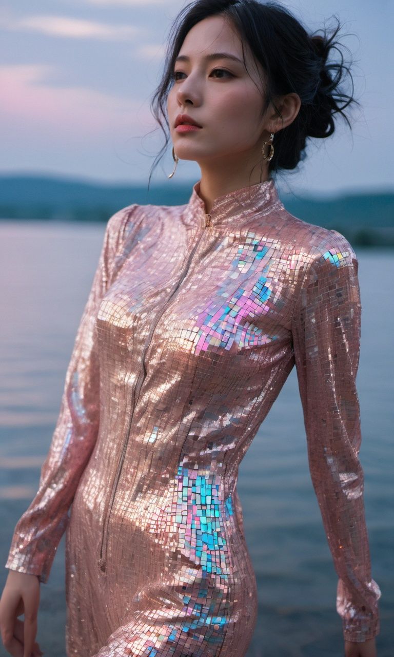 xxmixgirl,  a woman in a shiny outfit stands by the water,  in the style of sandalpunk on Tensor.Art