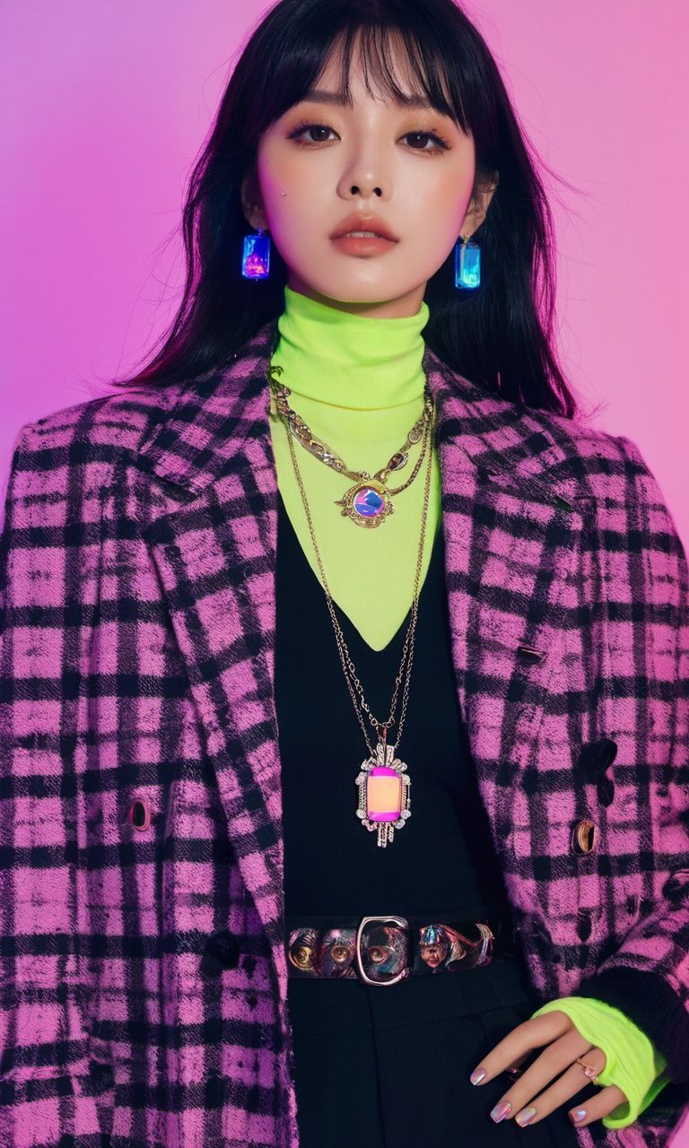 xxmixgirl,  woman with a necklace and a necklace with a neon sign in the background,  popular korean makeup on Tensor.Art