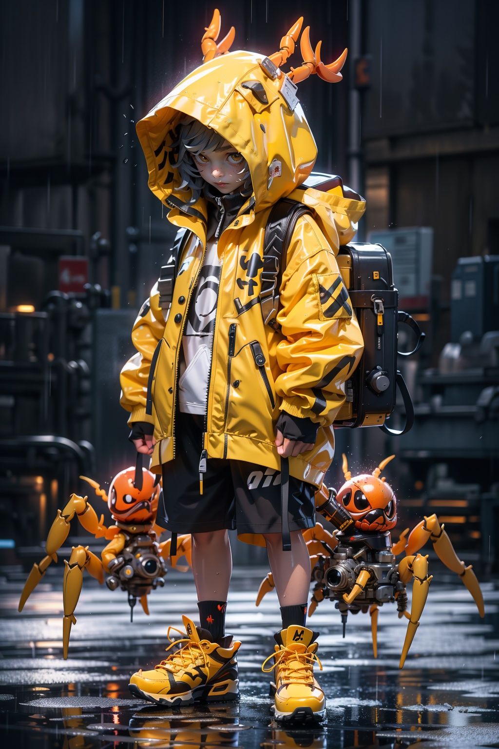 BJ_Monster,solo,Spider,long_sleeves,1boy,standing,full_body,male_focus,shoes,shorts,hood,bag,black_shorts,backpack,bug,hood_up,reflection,rain,yellow_footwear,puddle,raincoat,yellow_raincoat,cinematic lighting,strong contrast,high level of detail,Best quality,masterpiece,White background,<lora:Oil_sucking_monster(4500):0.7>,