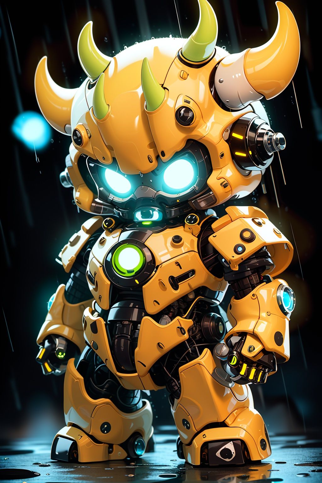 BJ_Monster,solo,cow,green_eyes,standing,horns,chibi,no_humans,glowing,robot,mecha,glowing_eyes,science_fiction,rain,cinematic lighting,strong contrast,high level of detail,Best quality,masterpiece,White background,<lora:Oil_sucking_monster(4500):0.7>,