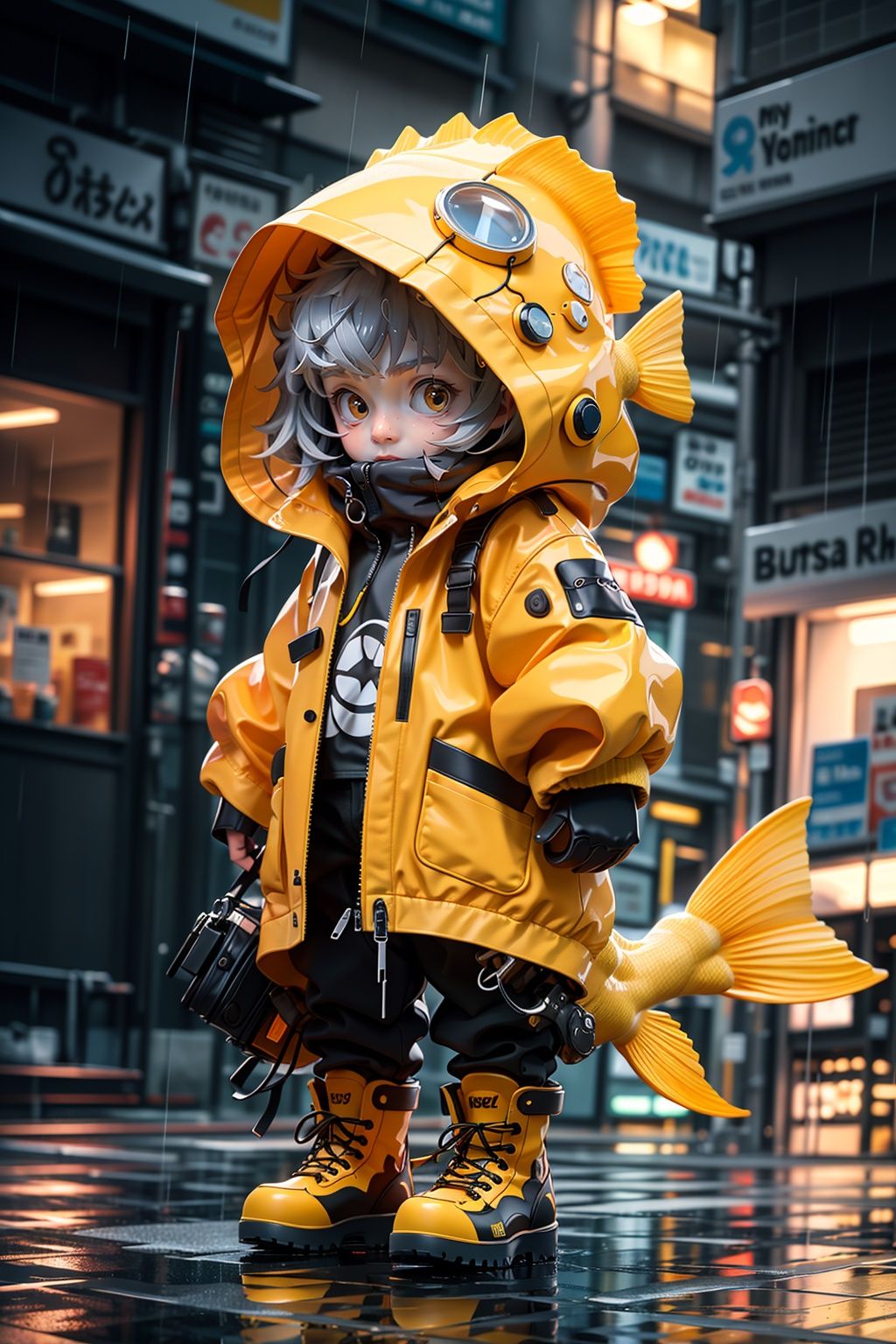 BJ_Monster,solo,long_sleeves,standing,jacket,full_body,male_focus,boots,outdoors,pants,hood,black_footwear,blurry,black_eyes,blurry_background,1other,colored_sclera,reflection,fish,rain,yellow_jacket,raincoat,yellow_raincoat,cinematic lighting,strong contrast,high level of detail,Best quality,masterpiece,White background,<lora:Oil_sucking_monster(4500):0.7>,