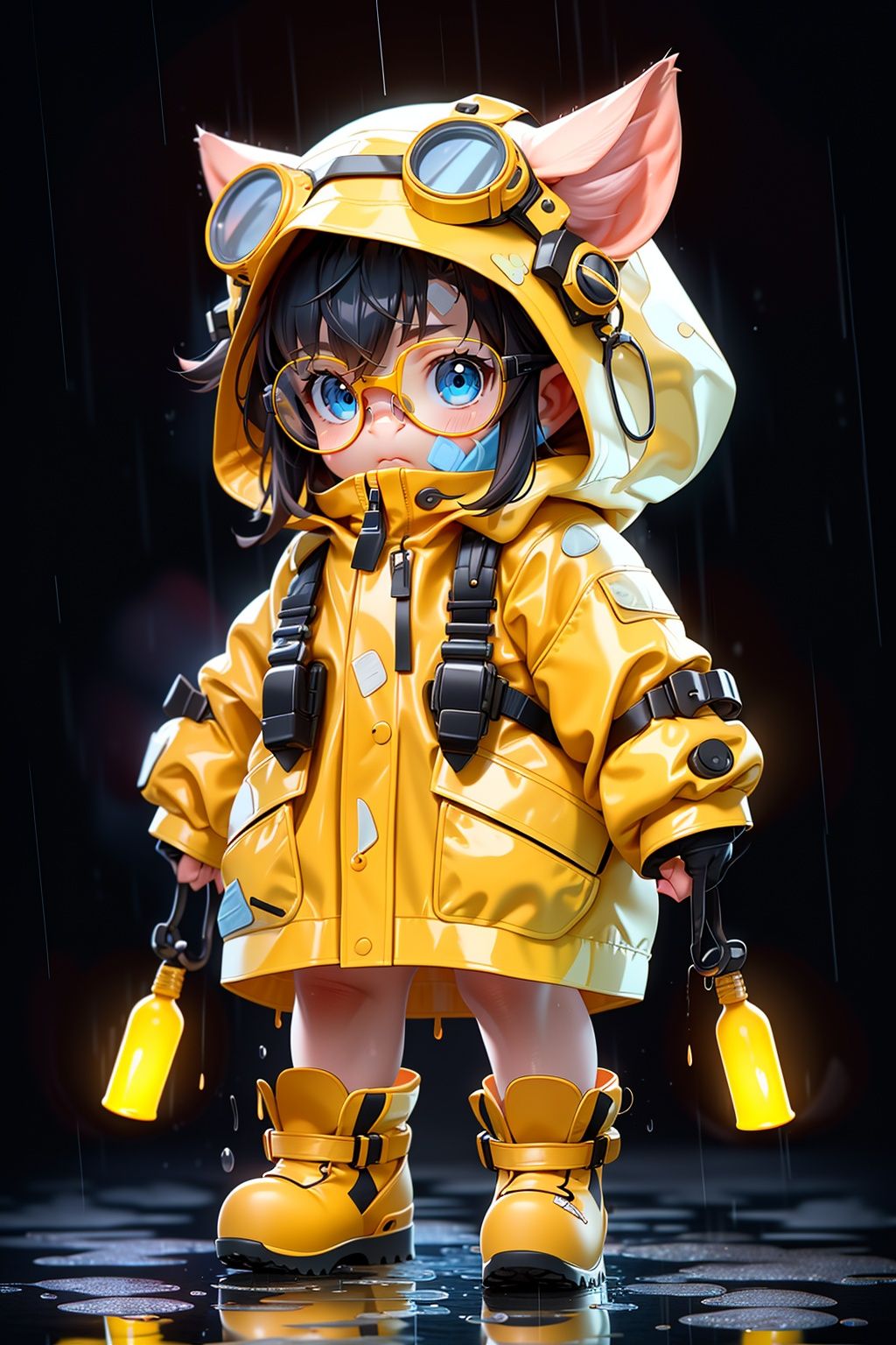 BJ_Monster,1girl,solo,blue_eyes,long_sleeves,animal_ears,closed_mouth,standing,jacket,full_body,boots,glasses,hood,bag,animal,goggles,bandaid,hood_up,reflection,rain,animal_hood,yellow_footwear,puddle,raincoat,yellow_raincoat,pig_ears,cinematic lighting,strong contrast,high level of detail,Best quality,masterpiece,White background,<lora:Oil_sucking_monster(4500):0.7>,