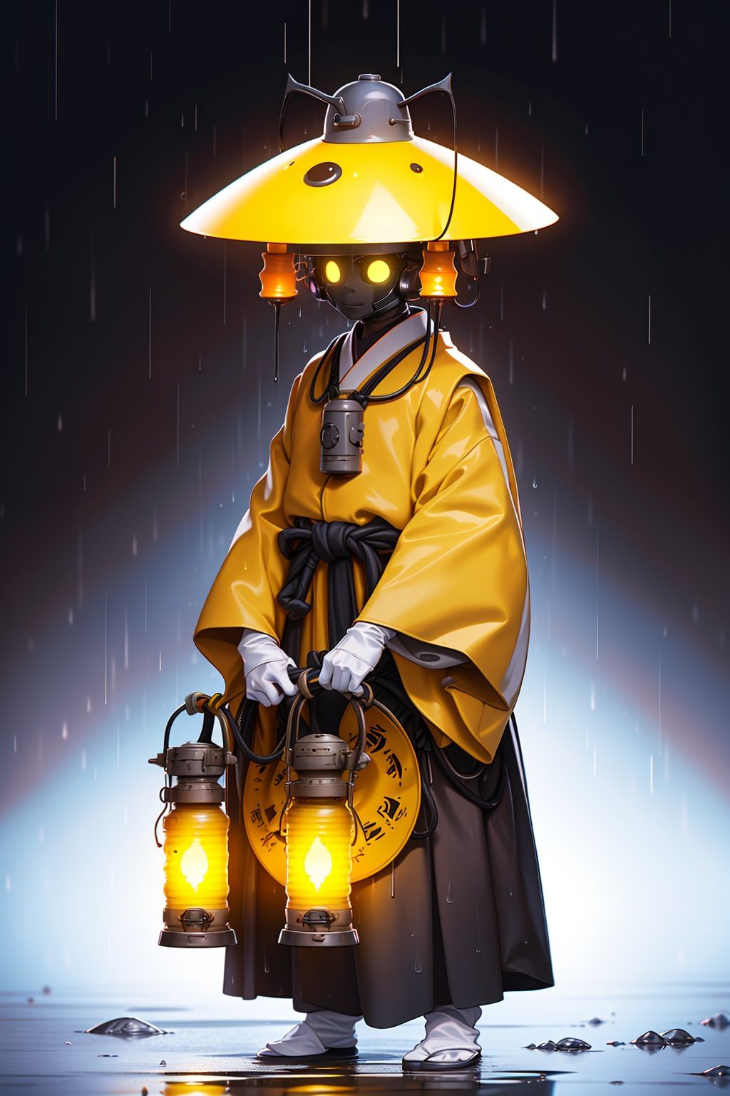 BJ_Monster,Monk_Sha,solo,1boy,hat,standing,male_focus,japanese_clothes,glowing,rain,lantern,humanoid_robot,cinematic lighting,strong contrast,high level of detail,Best quality,masterpiece,White background,<lora:Oil_sucking_monster(4500):0.7>,
