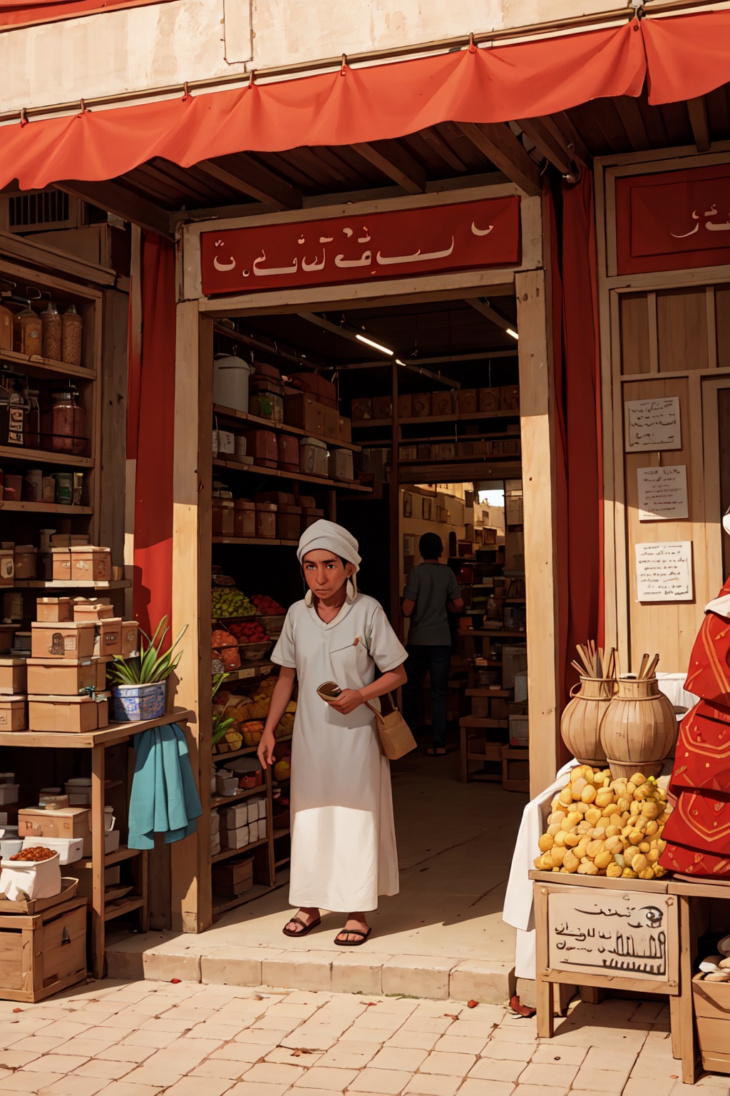 Documentary style photography of a bustling market in Marrakesh,  with spices and textiles. on Tensor.Art