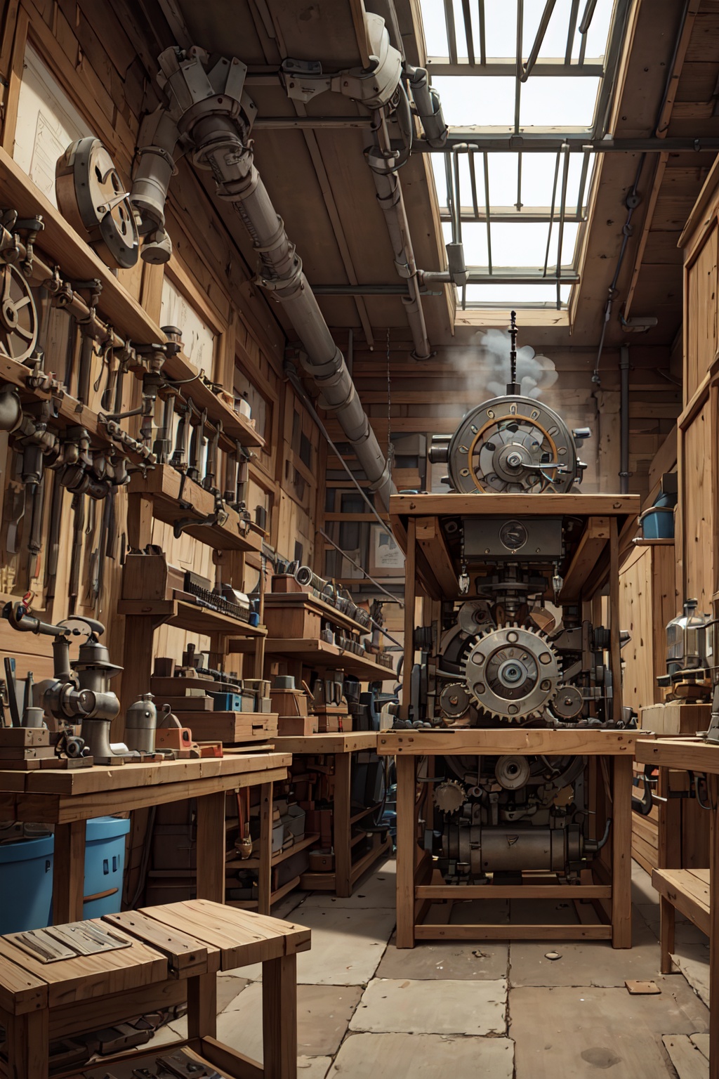 Steampunk of an inventor's workshop,  with intricate machines,  gears and steam engines on Tensor.Art