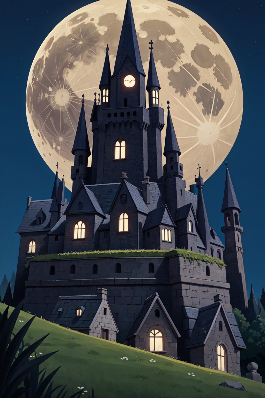 Gothic painting of an ancient castle at night,  with full moon,  gargoyles and shadows on Tensor.Art