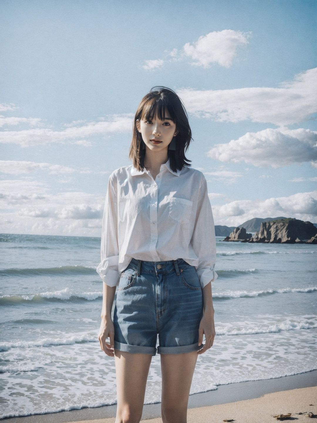 jiFilm,1girl,cloud,Beach,<lora:jiFilm V4:0.8>,