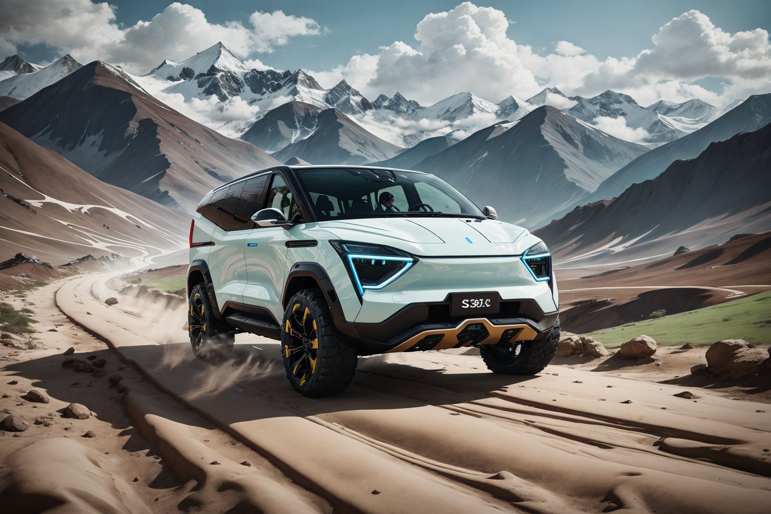 A VAN and electric vehicle driving in the Qinghai ***** Plateau, with a concept sci-fi design that is wild, sporty, and aggressive,