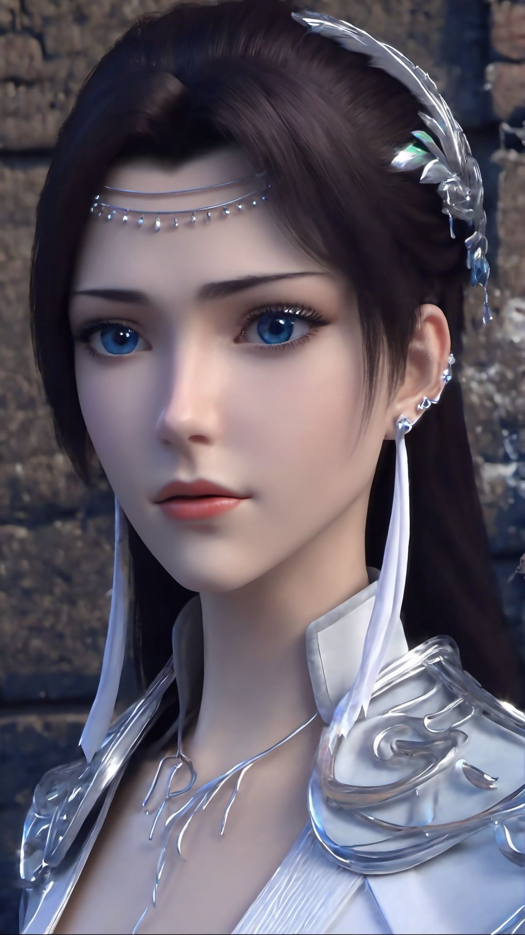 (8k, best quality, masterpiece), (ultra-detailed:1.1), (high detailed skin),1girl, black_hair, blue_eyes, brick_wall, earrings, headband, jewelry, lips, long_hair, looking_at_viewer, solo, tiara, <lora:yunyun_xl:0.8>