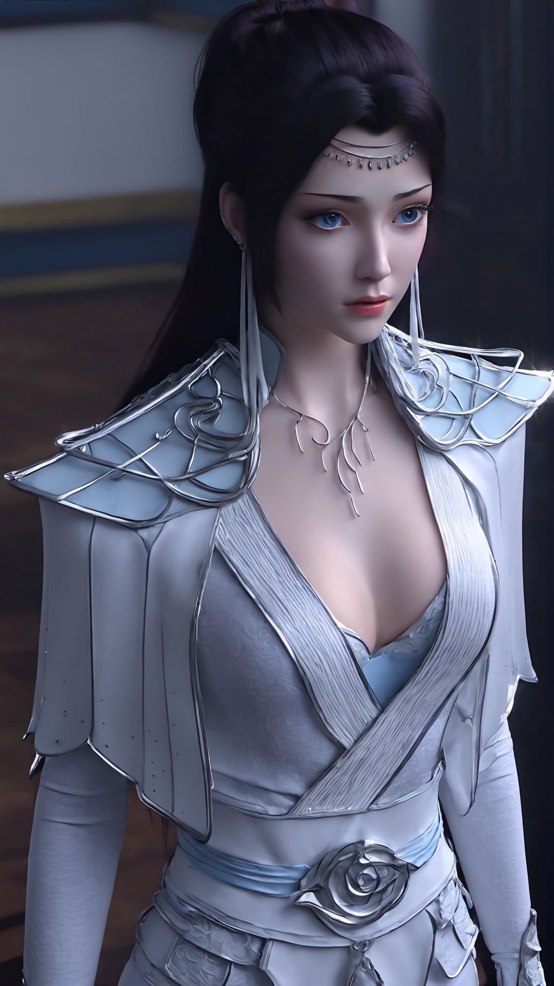 (8k, best quality, masterpiece), (ultra-detailed:1.1), (high detailed skin),1girl, armor, blue_eyes, breasts, cleavage, collarbone, earrings, jewelry, looking_at_viewer, makeup, necklace, parted_lips, pauldrons,  shoulder_armor, solo, upper_body,  <lora:yunyun_xl:0.8>
