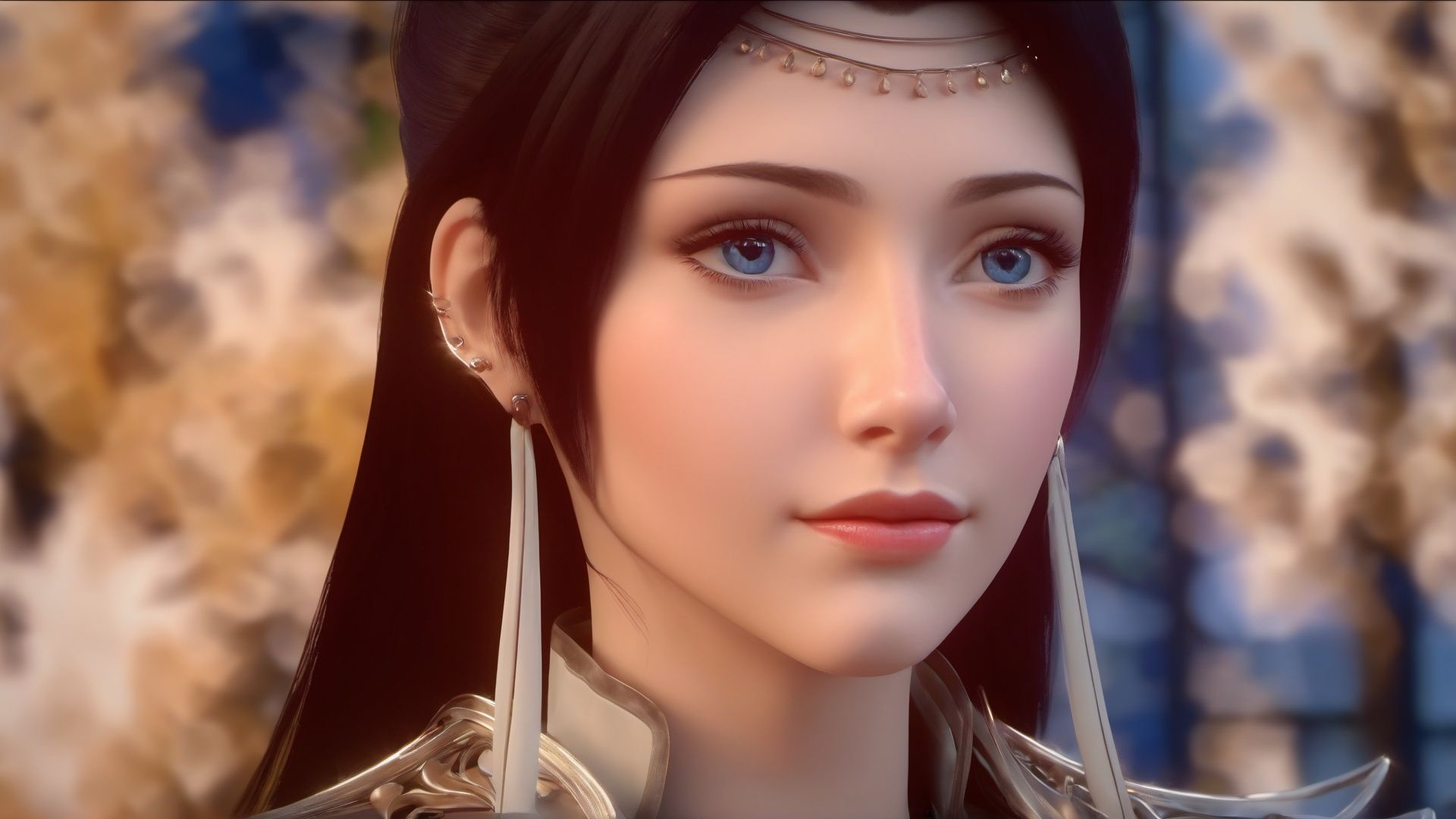 (8k, best quality, masterpiece), (ultra-detailed:1.1), (high detailed skin),1girl, blue_eyes, bokeh, chromatic_aberration, closed_mouth, depth_of_field, earrings, face, focused, jewelry, lips, long_hair, looking_at_viewer, nose, photo_\(medium\), photorealistic, solo, <lora:yunyun_xl:0.8>