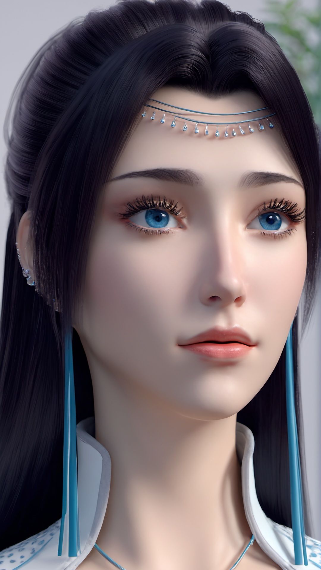 (8k, best quality, masterpiece), (ultra-detailed:1.1), (high detailed skin),1girl, 3d, black_hair, blue_eyes, closed_mouth, depth_of_field, eyelashes, jewelry, lips, long_hair, looking_at_viewer, makeup, mascara, nose, realistic, solo, <lora:yunyun_xl:0.8>