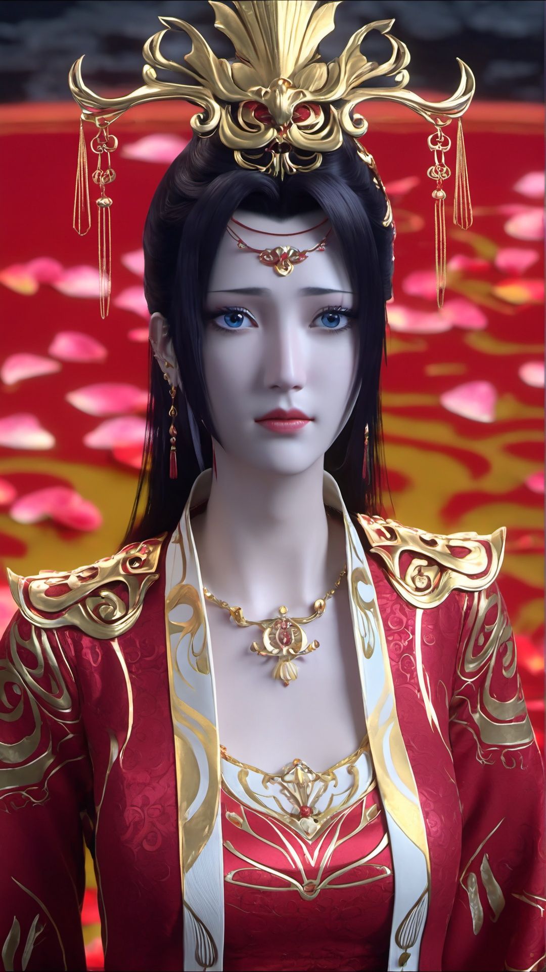 (8k, best quality, masterpiece), (ultra-detailed:1.1), (high detailed skin),1girl, black_hair, blue_eyes, breasts, chinese_wedding_clothes, depth_of_field, jewelry, lips, long_hair, looking_at_viewer, necklace, parted_lips, petals, solo, upper_body,  <lora:yunyun_xl:0.8>