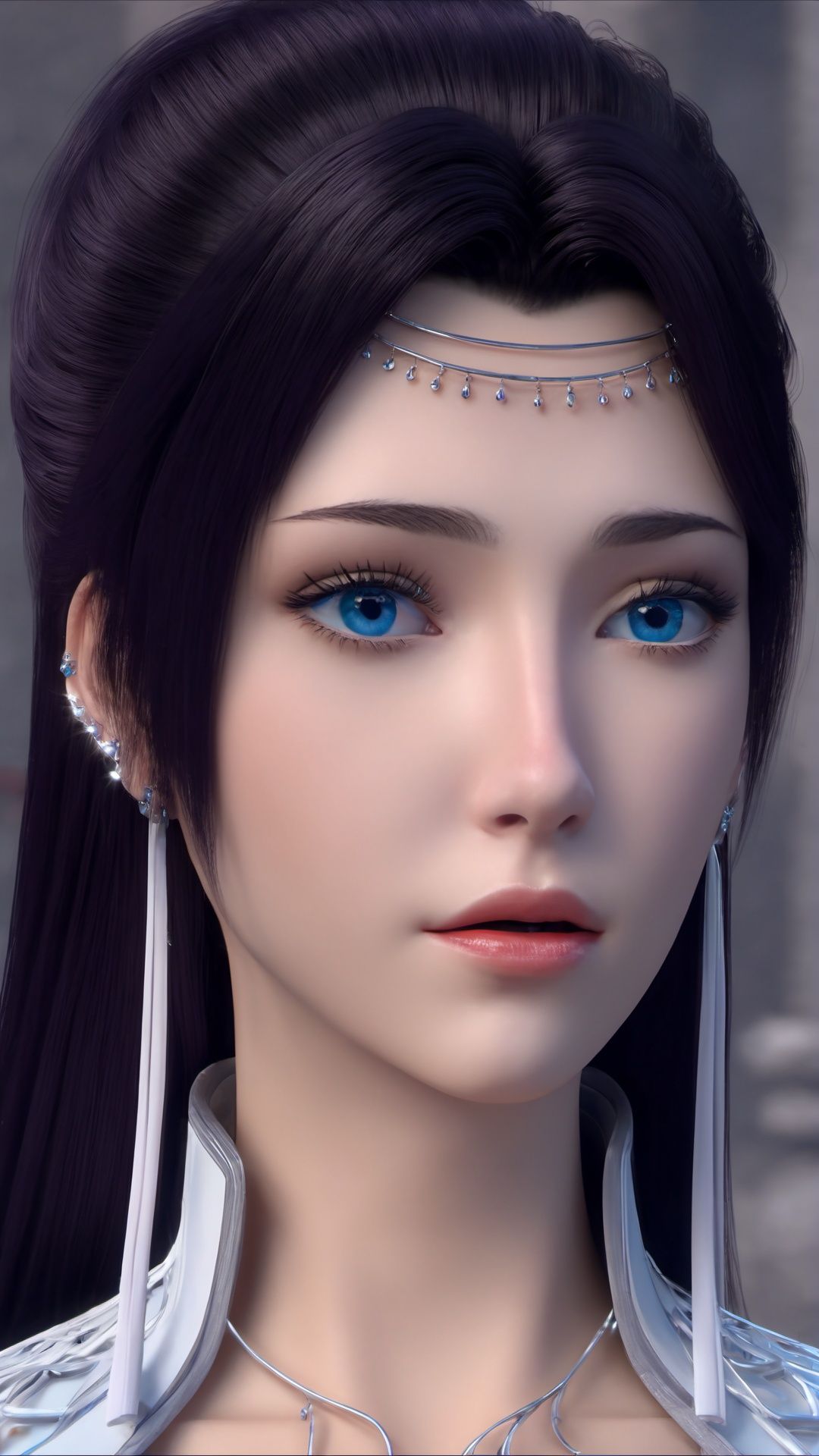 (8k, best quality, masterpiece), (ultra-detailed:1.1), (high detailed skin),1girl, blue_eyes, earrings, jewelry, long_hair, looking_at_viewer, makeup, black_hair, solo,  <lora:yunyun_xl:0.8>