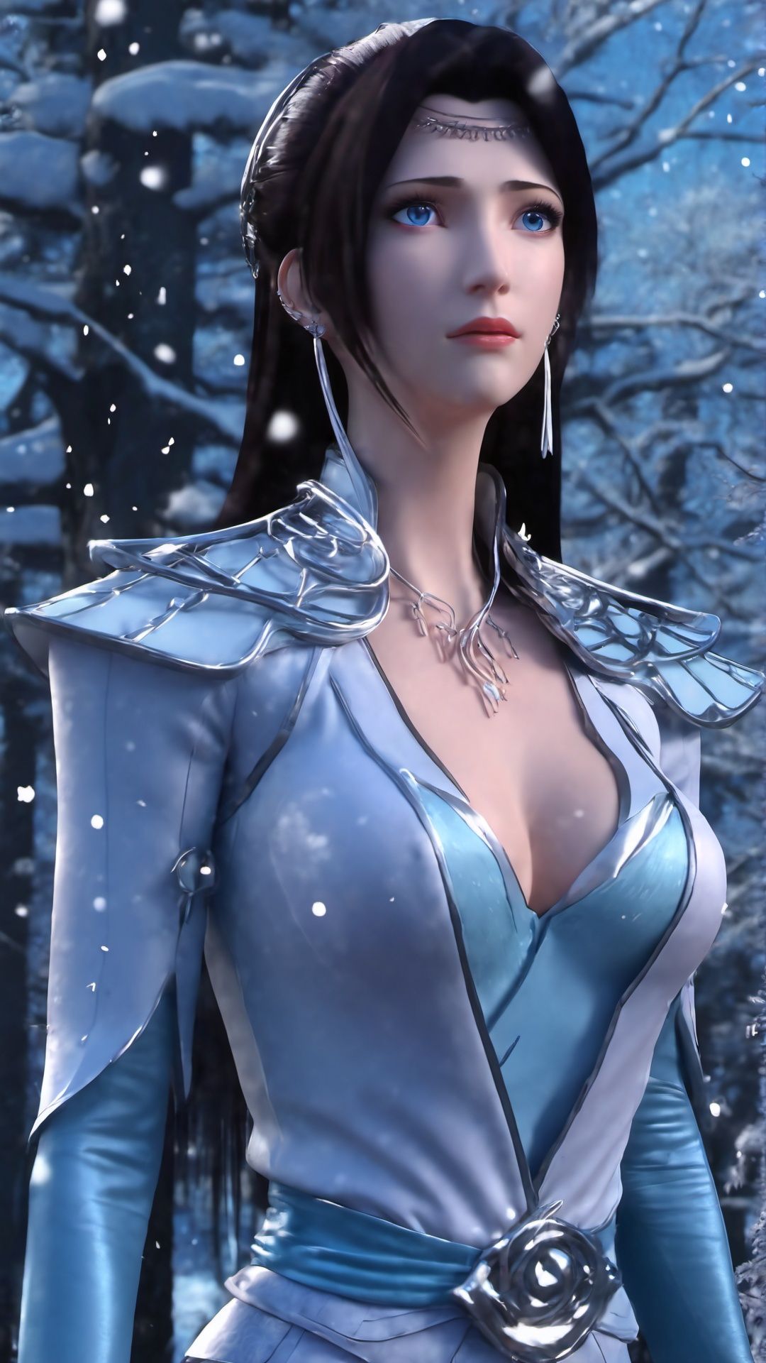 (8k, best quality, masterpiece), (ultra-detailed:1.1), (high detailed skin),1girl, bare_tree, black_hair, blue_eyes, branch, depth_of_field, earrings, forest, jewelry, lips, long_hair, looking_at_viewer, motion_blur, nature, outdoors, snow, snowflakes, snowing, solo, tree, winter,  <lora:yunyun_xl:0.8>