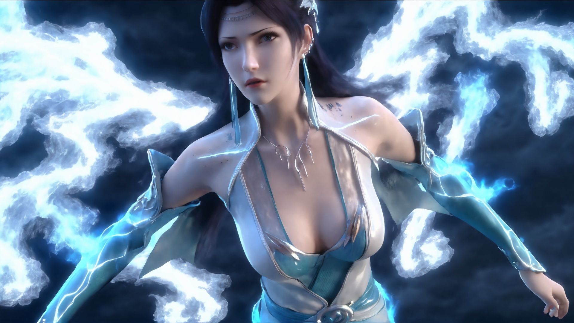 (8k, best quality, masterpiece), (ultra-detailed:1.1), (high detailed skin),1girl, blue_fire,flying,  breasts, cleavage, earrings, electricity, fire, hitodama, jewelry, lightning, magic, medium_breasts, necklace, solo,  <lora:yunyun_xl:0.8>