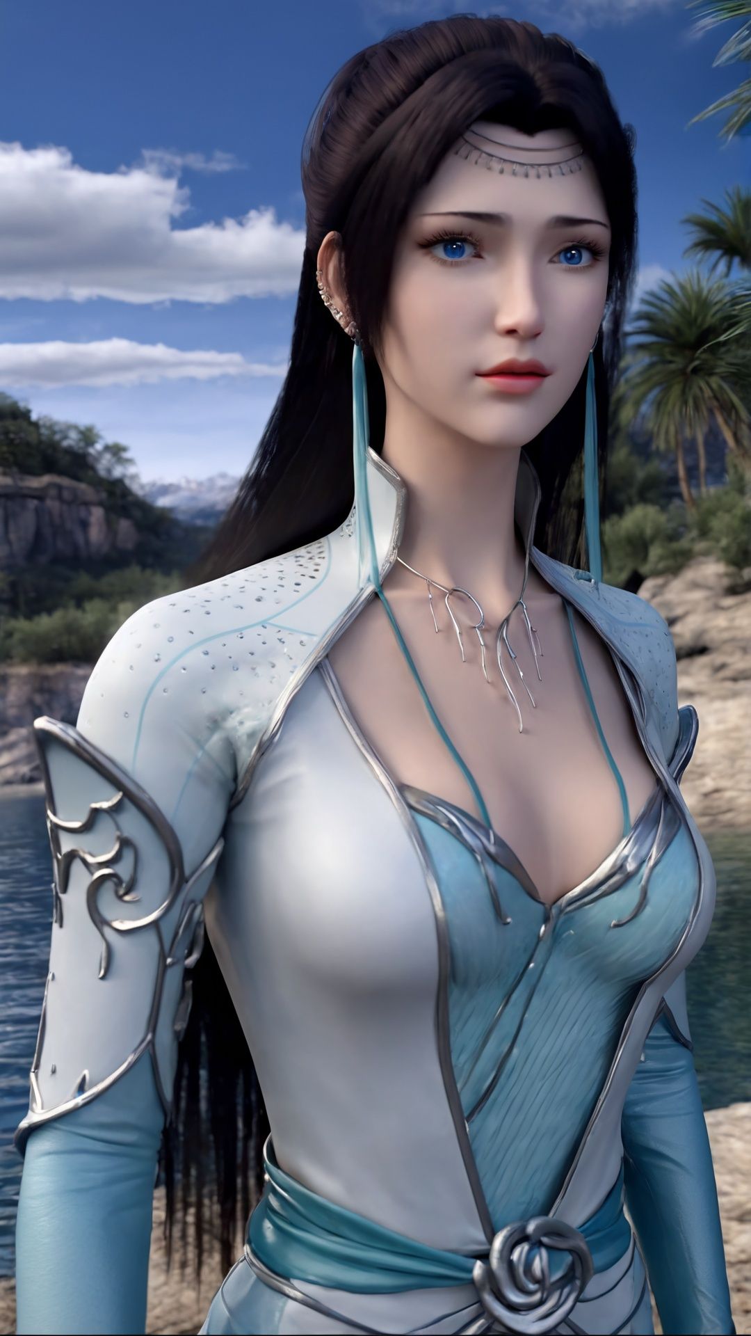 (8k, best quality, masterpiece), (ultra-detailed:1.1), (high detailed skin),1girl, 3d, blue_eyes, black hair, cloud, day, depth_of_field, earrings, jewelry, lake, lips, long_hair, looking_at_viewer, mountain, mountainous_horizon, necklace, outdoors, palm_tree, photo_background, river, sky, solo, tree, water,  <lora:yunyun_xl:0.8>