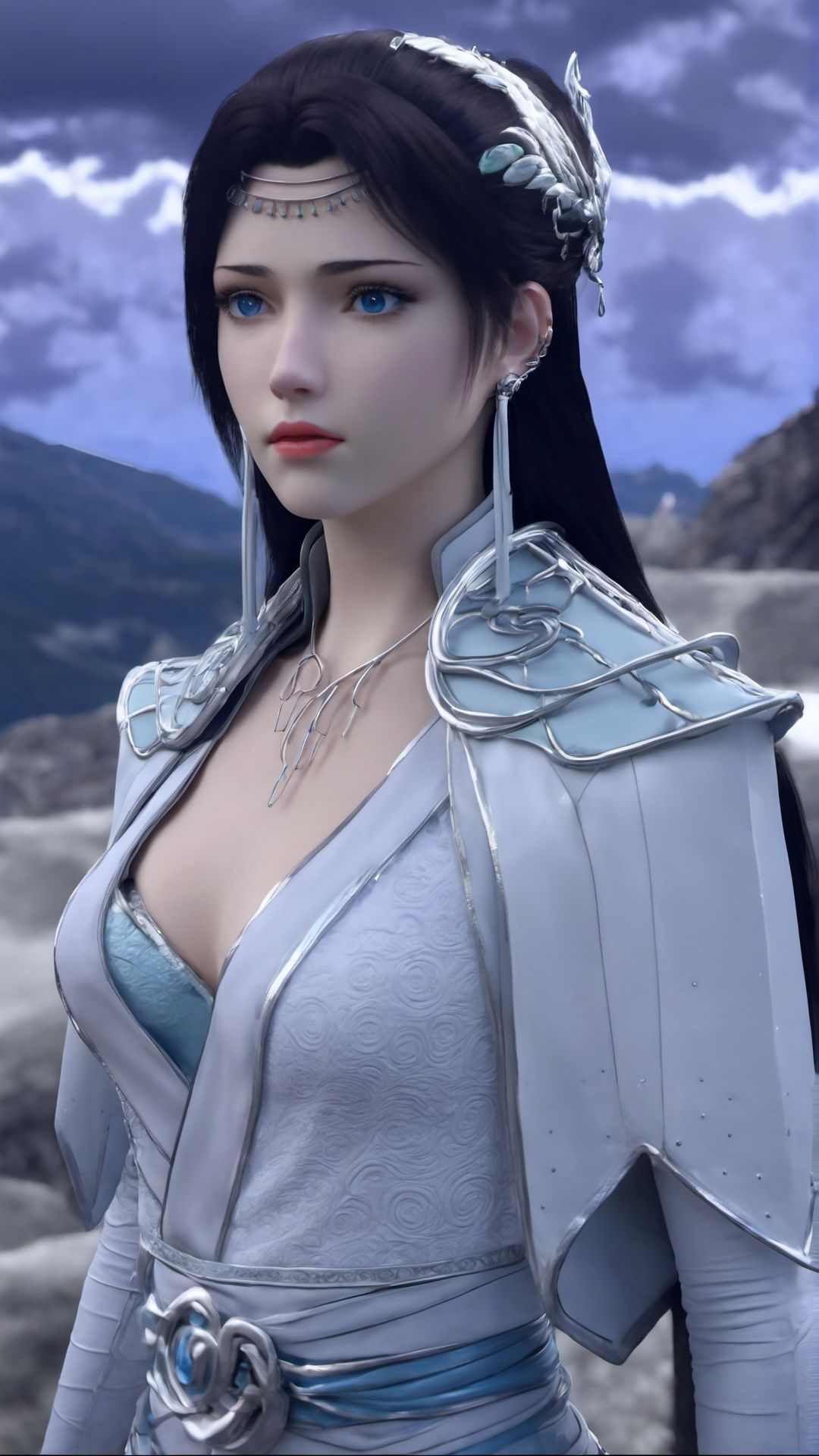 (8k, best quality, masterpiece), (ultra-detailed:1.1), (high detailed skin),1girl, armor, black_hair, blue_eyes, closed_mouth, cloud, cloudy_sky, day, depth_of_field, earrings, hair_ornament, jewelry, lips, long_hair, looking_at_viewer, mountain, outdoors, sky, solo,  <lora:yunyun_xl:0.8>