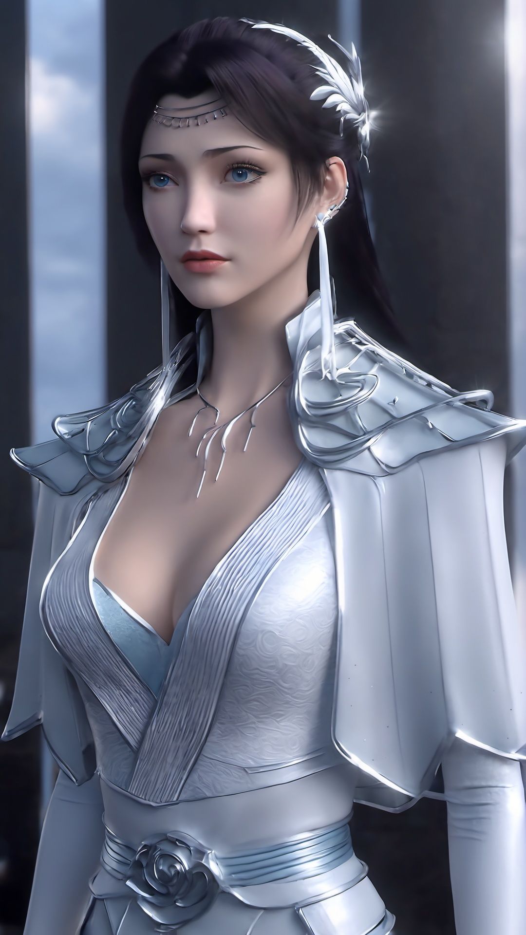 (8k, best quality, masterpiece), (ultra-detailed:1.1), (high detailed skin),1girl, armor, blue_eyes, breasts, cleavage, depth_of_field, earrings, jewelry, lips, long_hair, medium_breasts, motion_blur, pauldrons, shoulder_armor, solo, upper_body,  <lora:yunyun_xl:0.8>