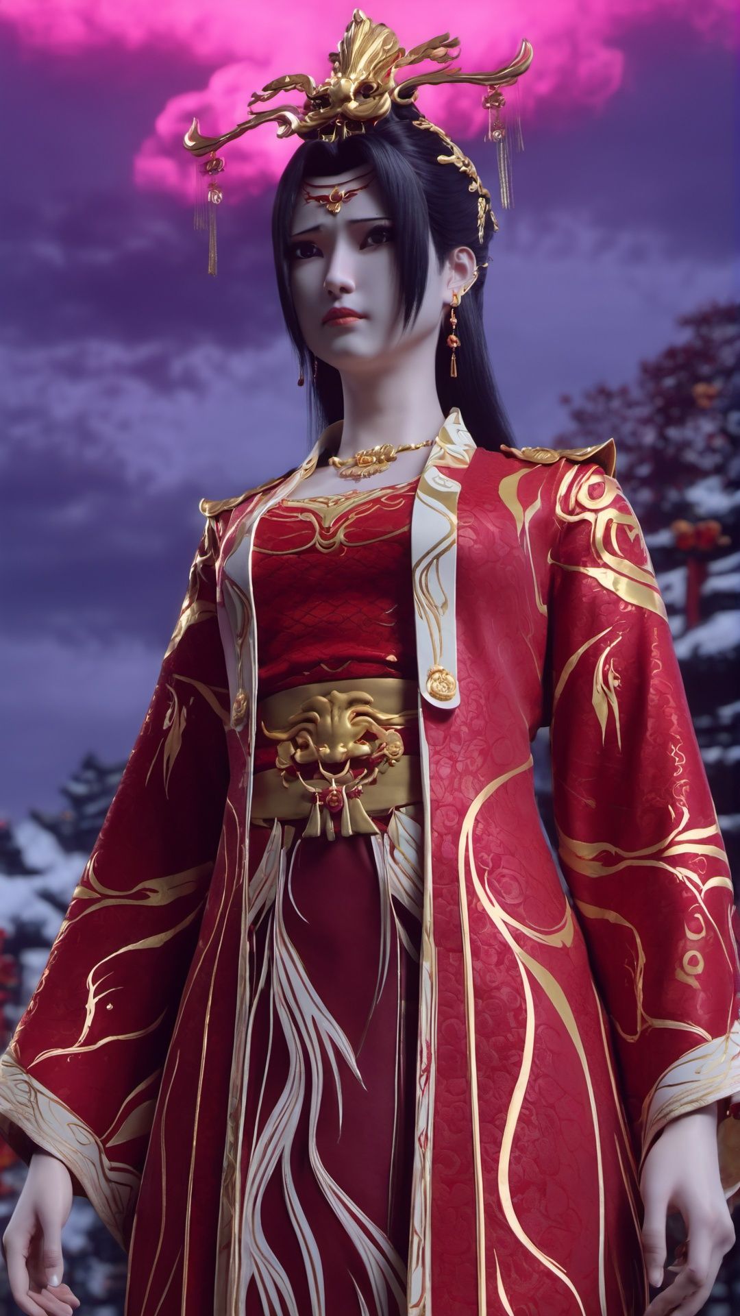 (8k, best quality, masterpiece), (ultra-detailed:1.1), (high detailed skin),1girl, black_hair, chinese_wedding_clothes, cloud, depth_of_field, dress, earrings, hair_ornament, jewelry, lips, outdoors, purple_sky, sky, solo, standing, twilight, <lora:yunyun_xl:0.8>