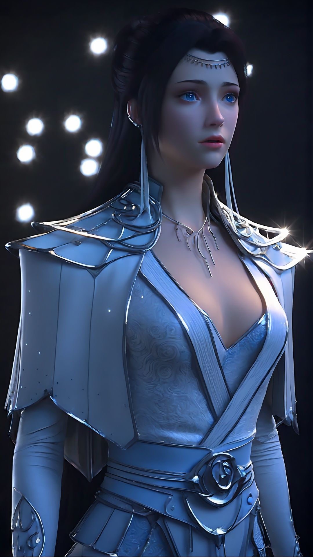 (8k, best quality, masterpiece), (ultra-detailed:1.1), (high detailed skin),1girl, armor, black_hair, blue_eyes, earrings, glowing, jewelry, lips, long_hair, looking_at_viewer, shoulder_armor, solo,  <lora:yunyun_xl:0.8>
