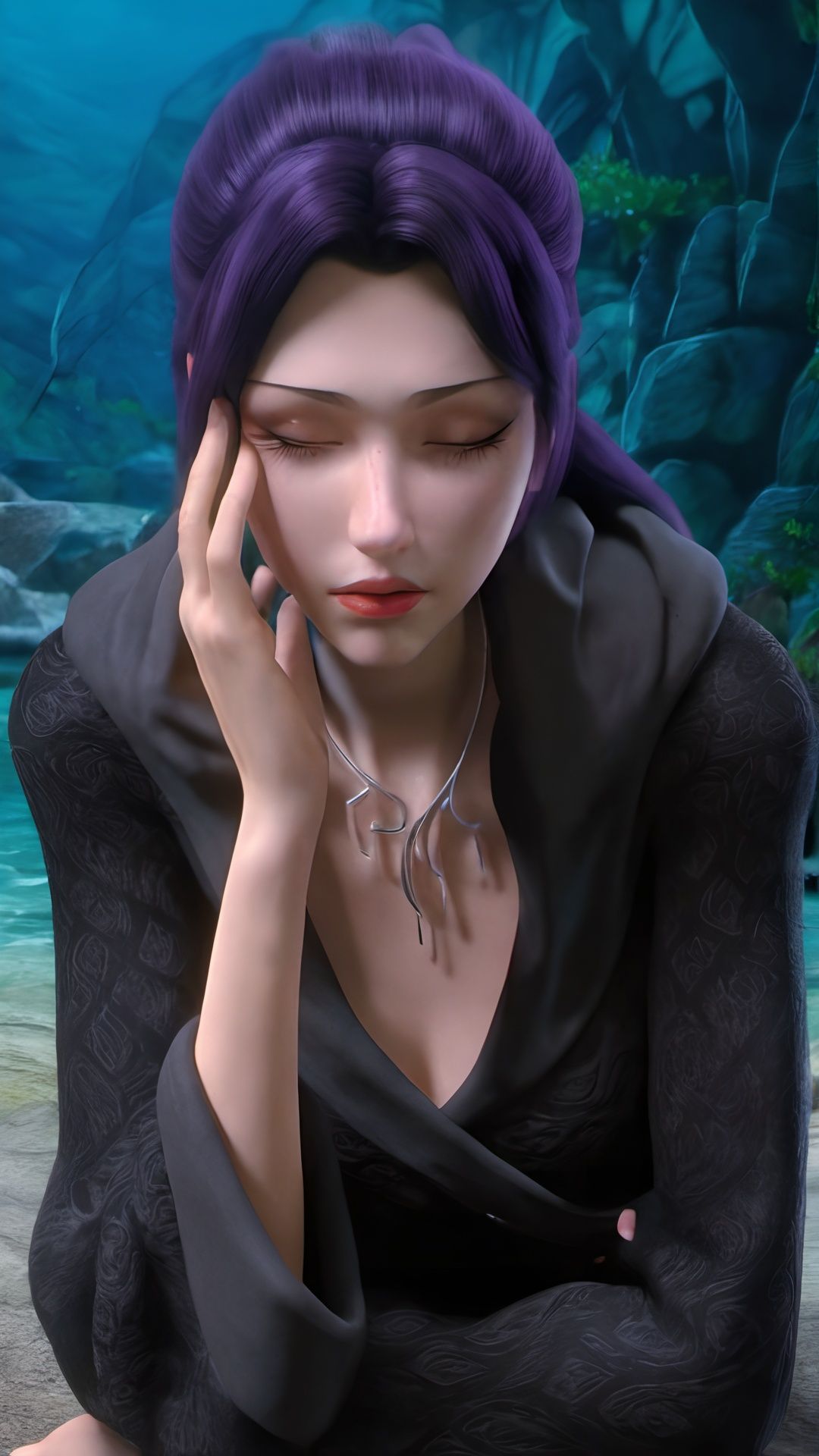 (8k, best quality, masterpiece), (ultra-detailed:1.1), (high detailed skin),1girl, black_robe, hand_on_own_cheek, hand_on_own_face, head_rest, jewelry, necklace, outdoors, black_hair, ripples, solo, upper_body, <lora:yunyun_xl:0.8>