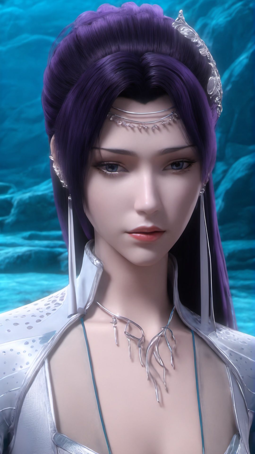 (8k, best quality, masterpiece), (ultra-detailed:1.1), (high detailed skin),1girl, scratch, closed_mouth, depth_of_field, earrings, hair_ornament, jewelry, lips, long_hair, looking_at_viewer, necklace, pool, black_hair, solo, upper_body, water, <lora:yunyun_xl:0.8>