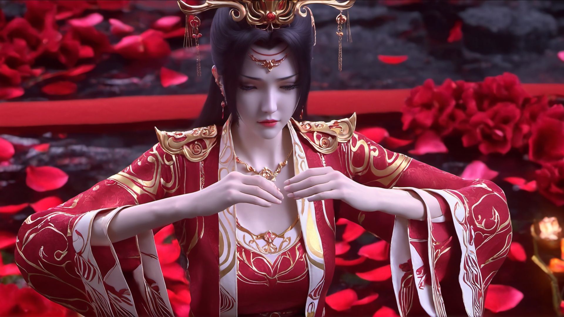 (8k, best quality, masterpiece), (ultra-detailed:1.1), (high detailed skin),1girl, chinese_wedding_clothes, depth_of_field, flower, jewelry, petals, red_flower, red_rose, rose, solo, spider_lily, wide_sleeves, <lora:yunyun_xl:0.8>