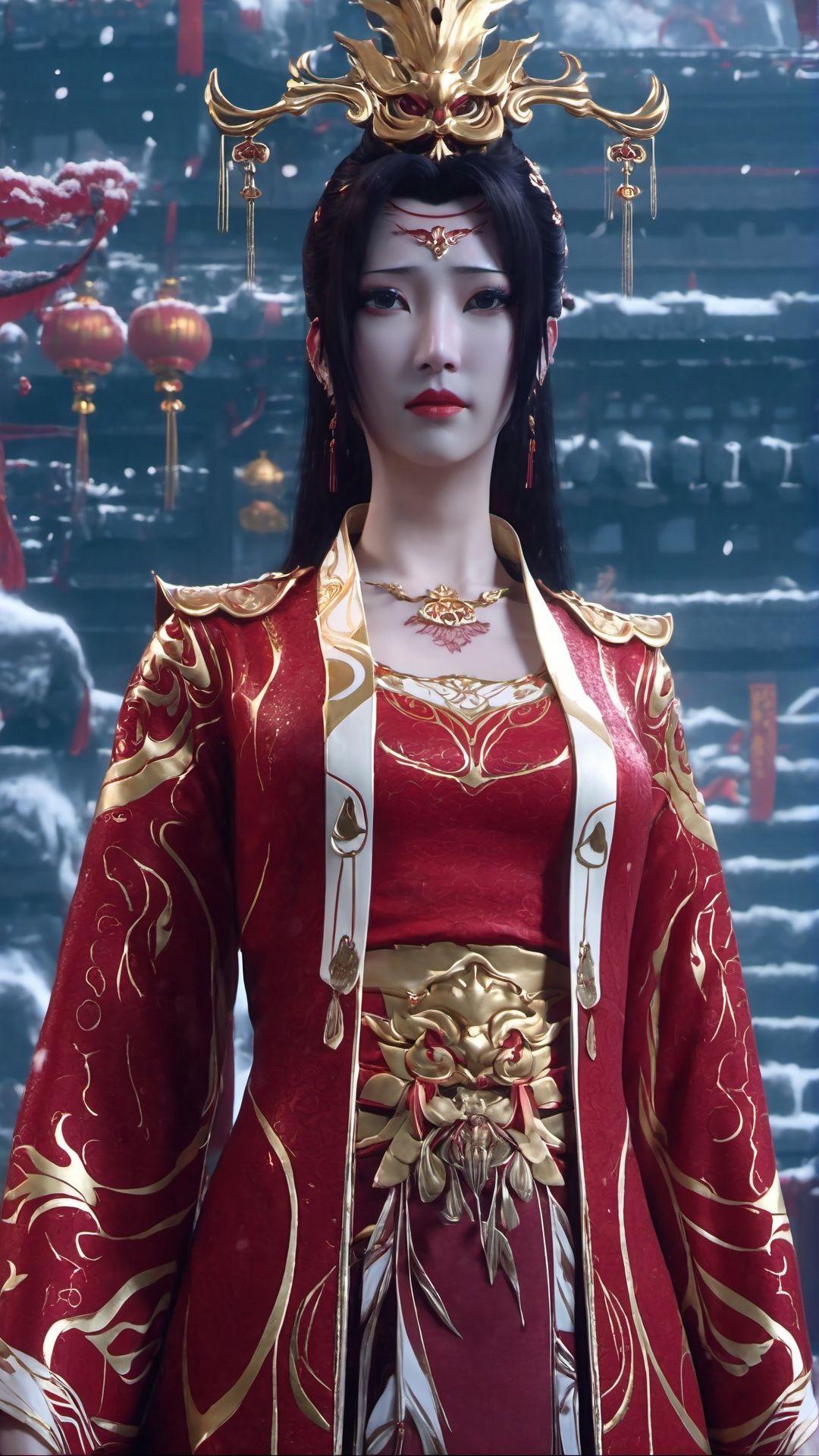 (8k, best quality, masterpiece), (ultra-detailed:1.1), (high detailed skin),1girl, black_hair, building, chinese_wedding_clothes, depth_of_field, jewelry, lips, long_hair, looking_at_viewer, outdoors, realistic, snow, snowing, solo, winter,  <lora:yunyun_xl:0.8>